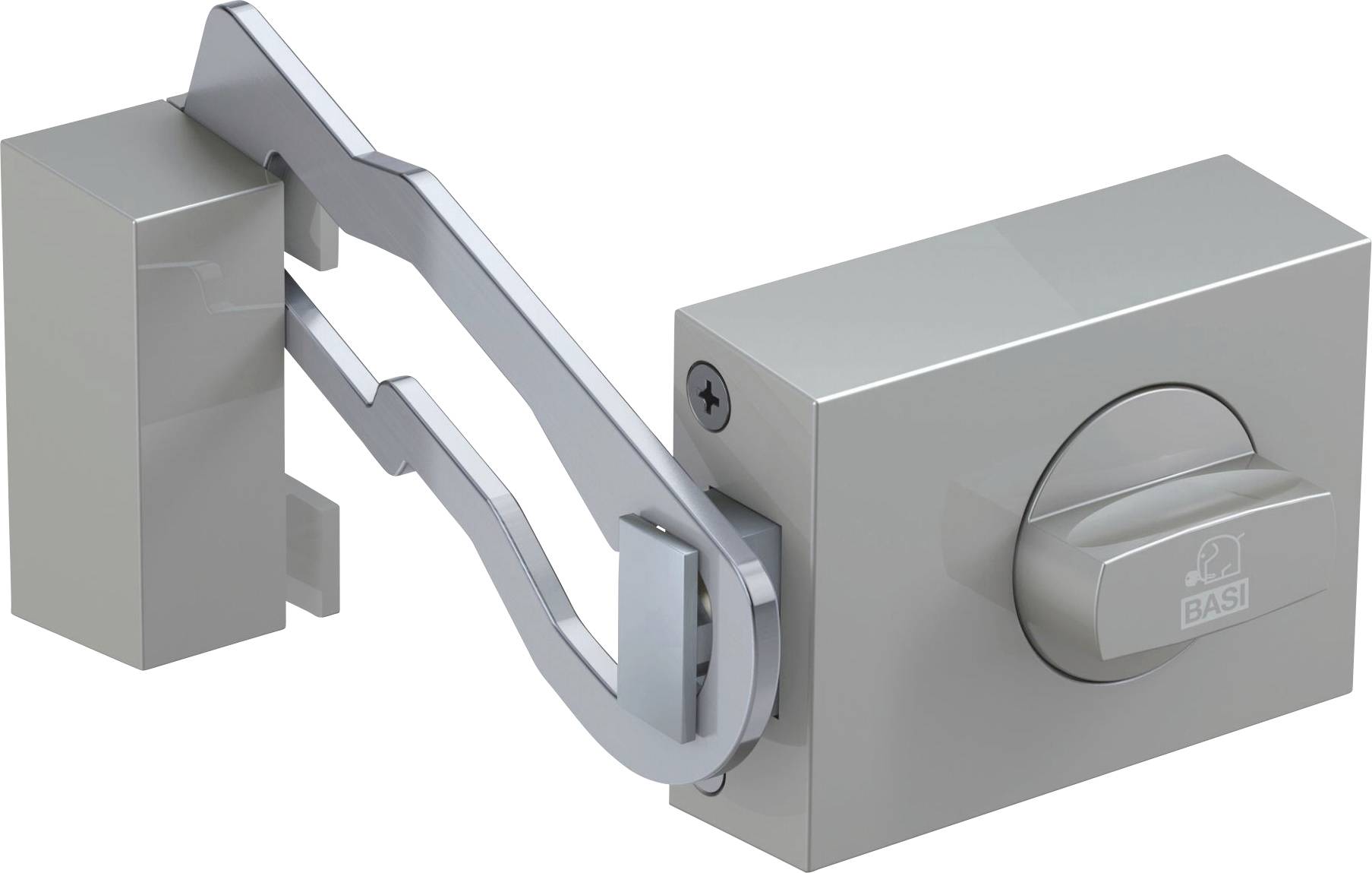 Ein silbernes Türkettenschloss mit Drehknopf, montiert an einer Tür.