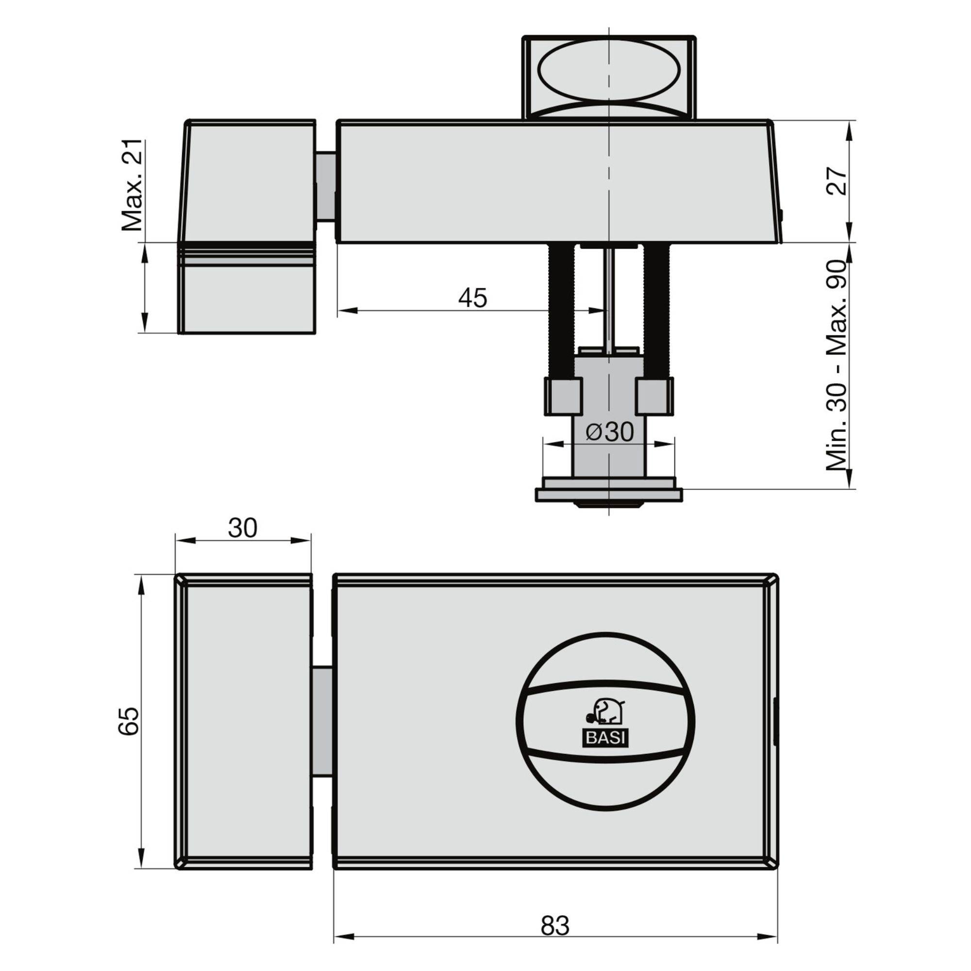 Technische Zeichnung eines Schlosses mit Abmessungen: Max 21mm, Max 27mm, 45mm Tiefe, 83mm Breite. Bezeichnet als „BASI
