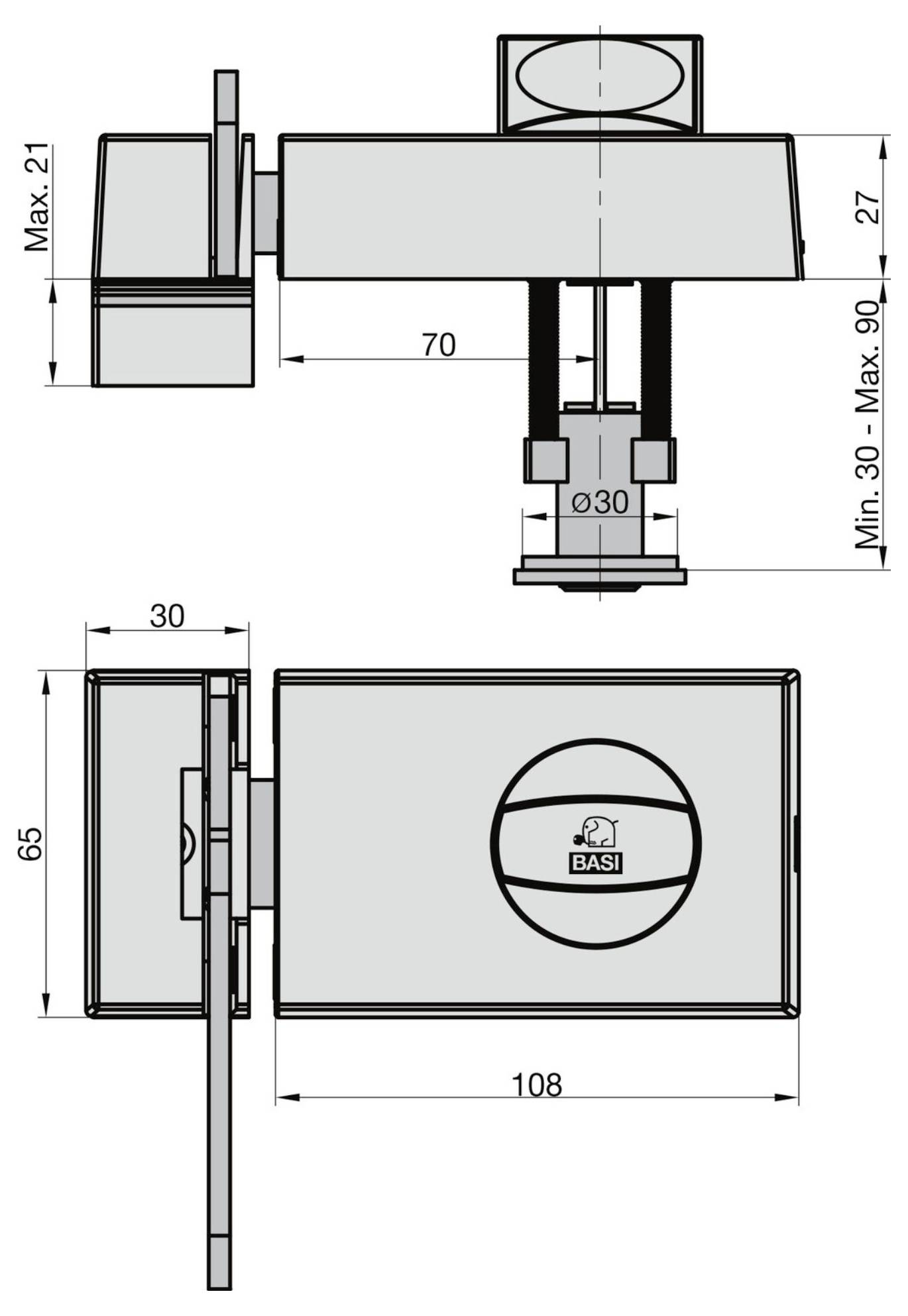 Technische Zeichnung eines Türschlosses, die drei Ansichten mit Abmessungen in Millimetern zeigt: 65 mal 108 Vorderseite, 30 Seite, und Details des Schlossmechanismus.