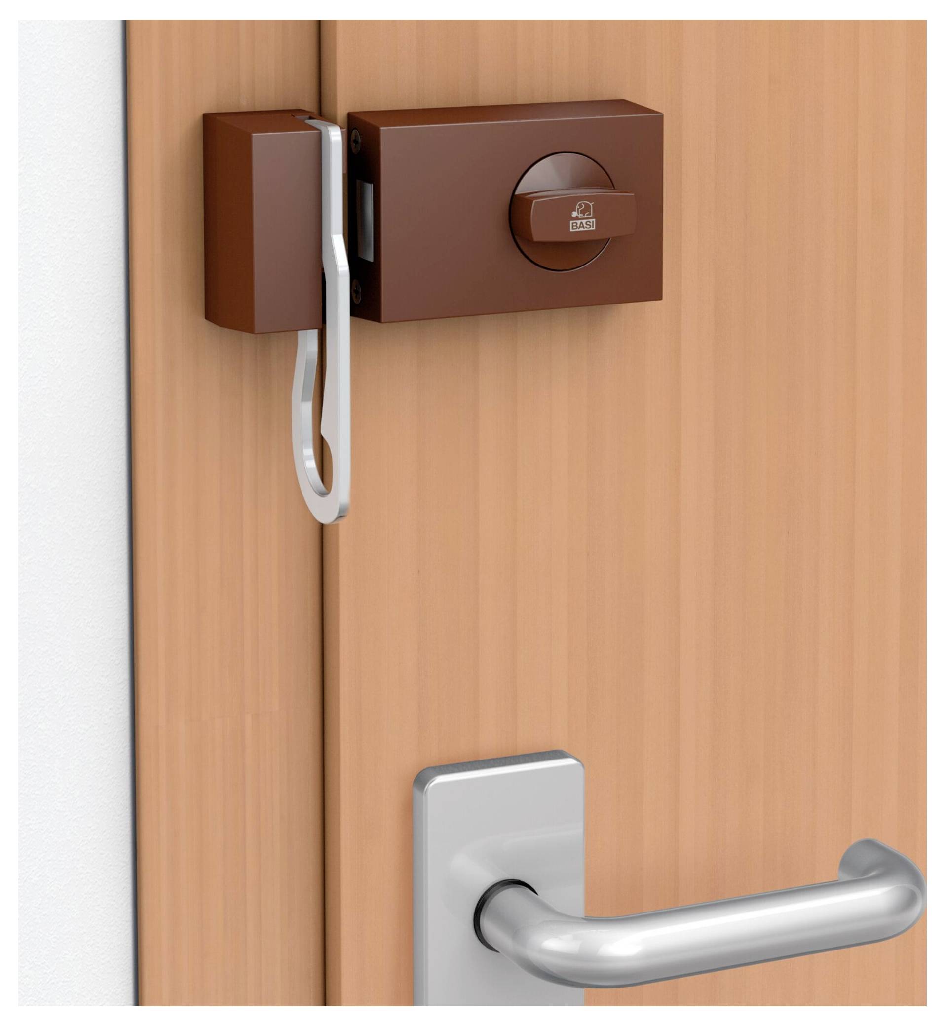 Ein braunes Riegel-Schloss, das an einer hellen Holztür angebracht ist und mit einem Riegel gesichert ist. Ein silberner Türgriff ist unterhalb des Schlosses sichtbar.