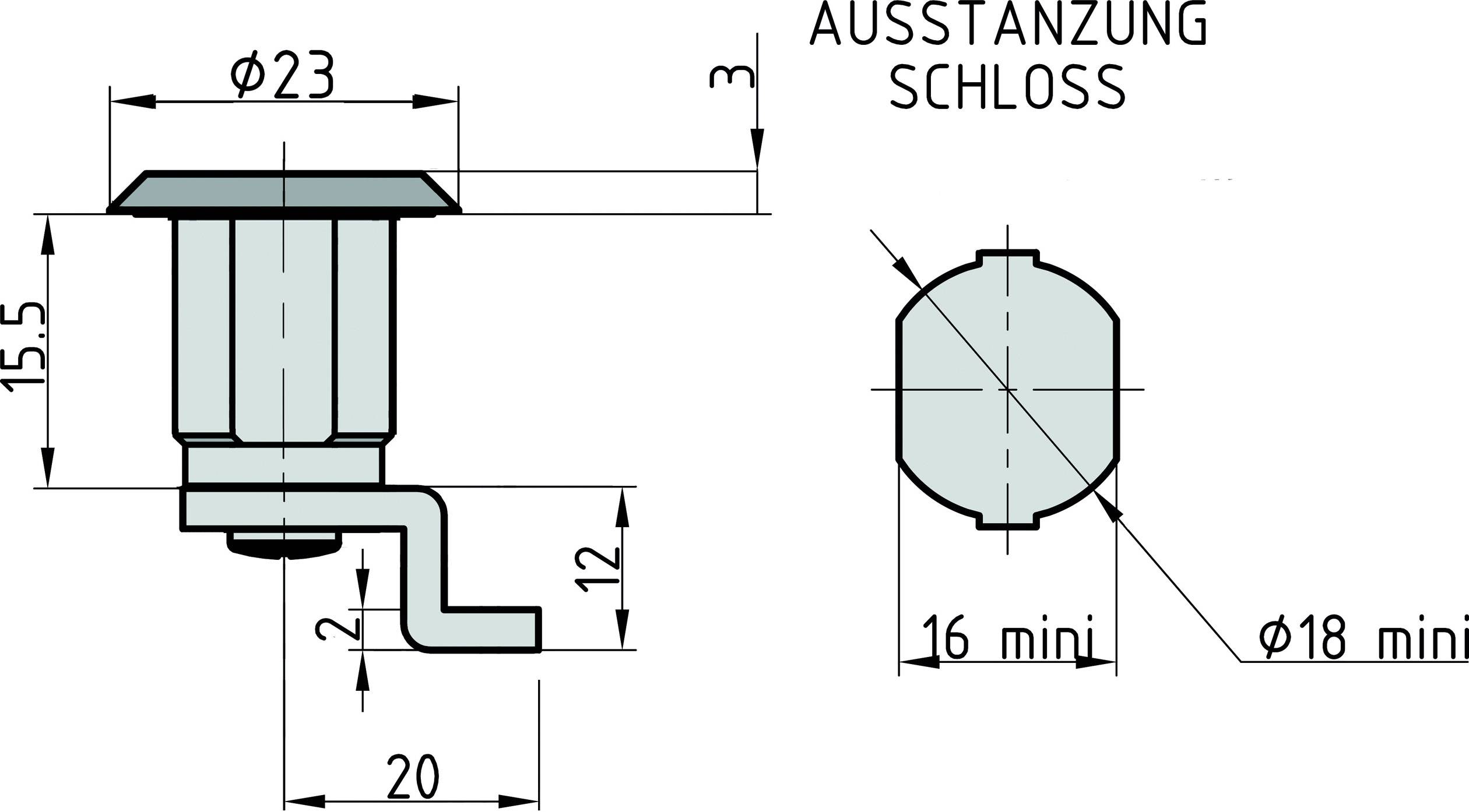 Technische Zeichnung eines Schlosses mit Maßen: Durchmesser 23 mm, Höhe 15,5 mm, Länge 20 mm, Ausstanzung 16 mm.