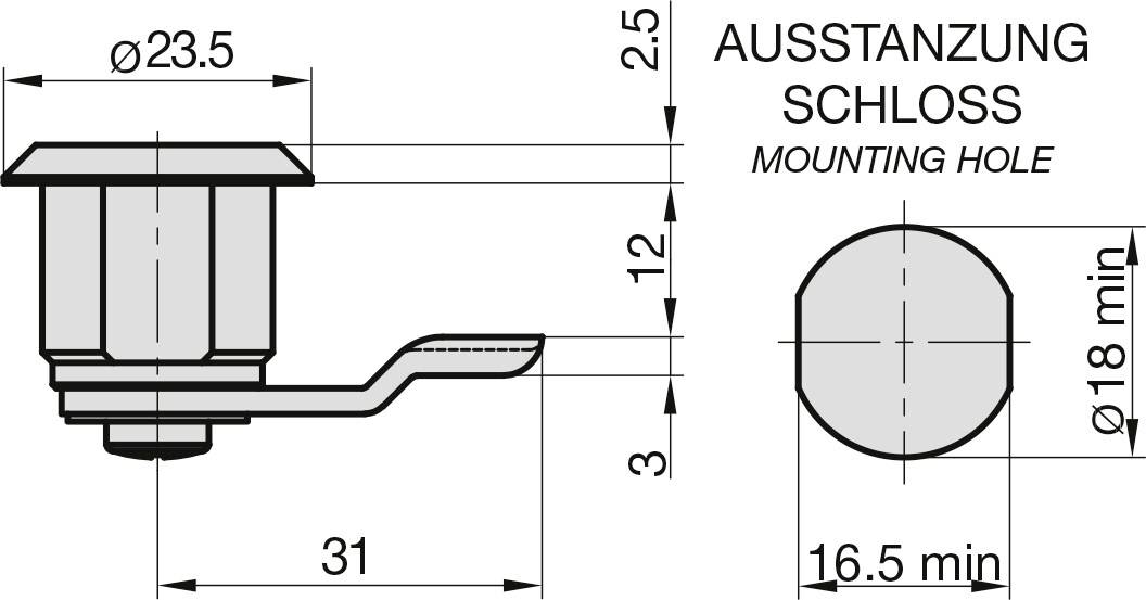 Technische Zeichnung eines Schlosses mit Maßen in Millimetern. Hauptansicht zeigt Höhe und Breite; Seitenansicht zeigt Profil. Bezeichnung: 'Ausstanzung Schloss'.