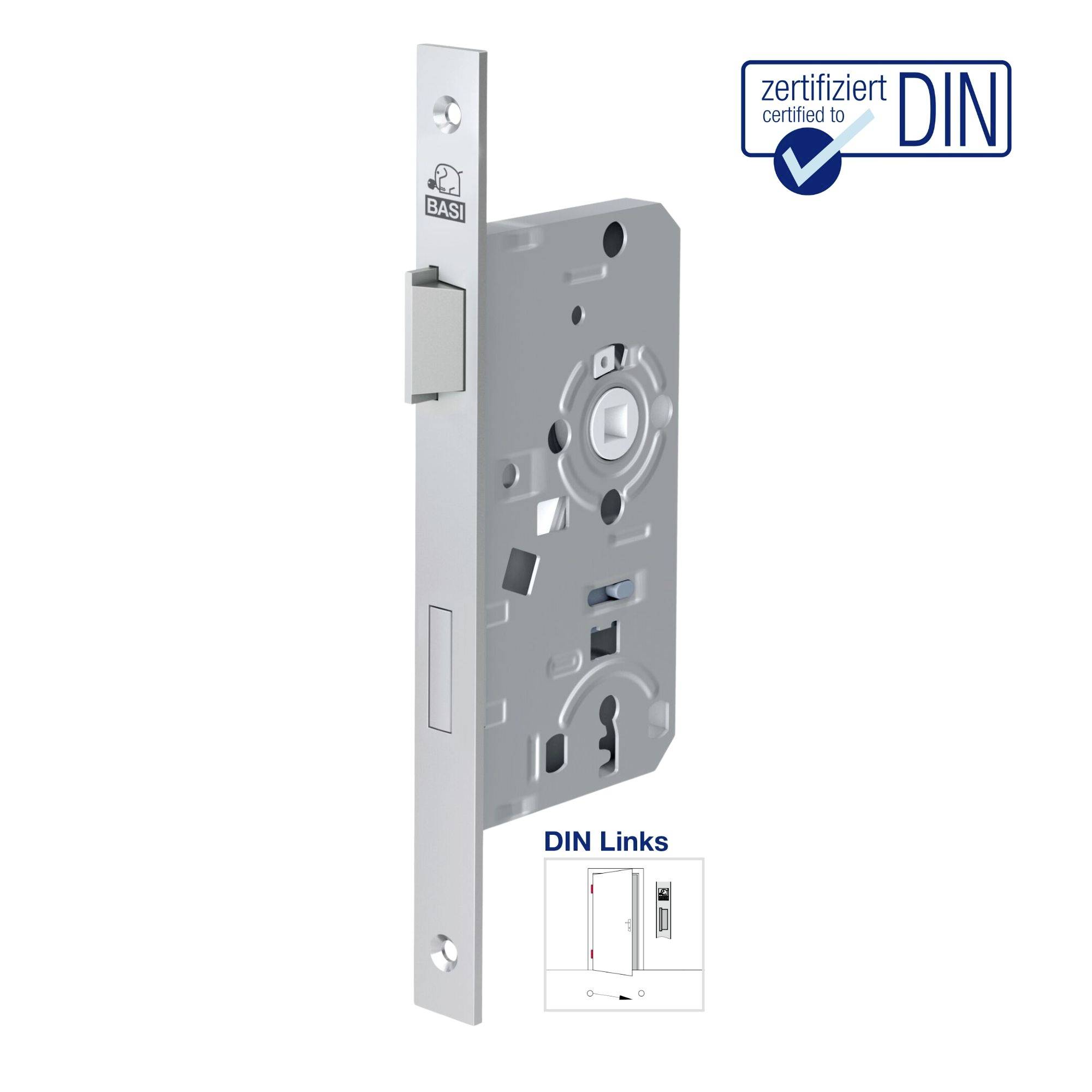 Türschlossmechanismus von BASI, zertifiziert gemäß DIN-Norm. Sichtbare Bauteile umfassen Riegel- und Schlüssellochöffnung.