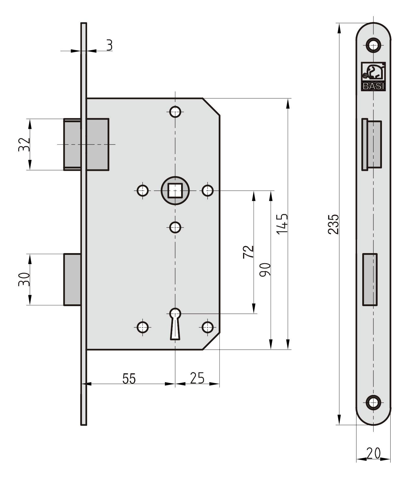 Basi 9220-5511 Einsteck-Zimmertürschloss Silber