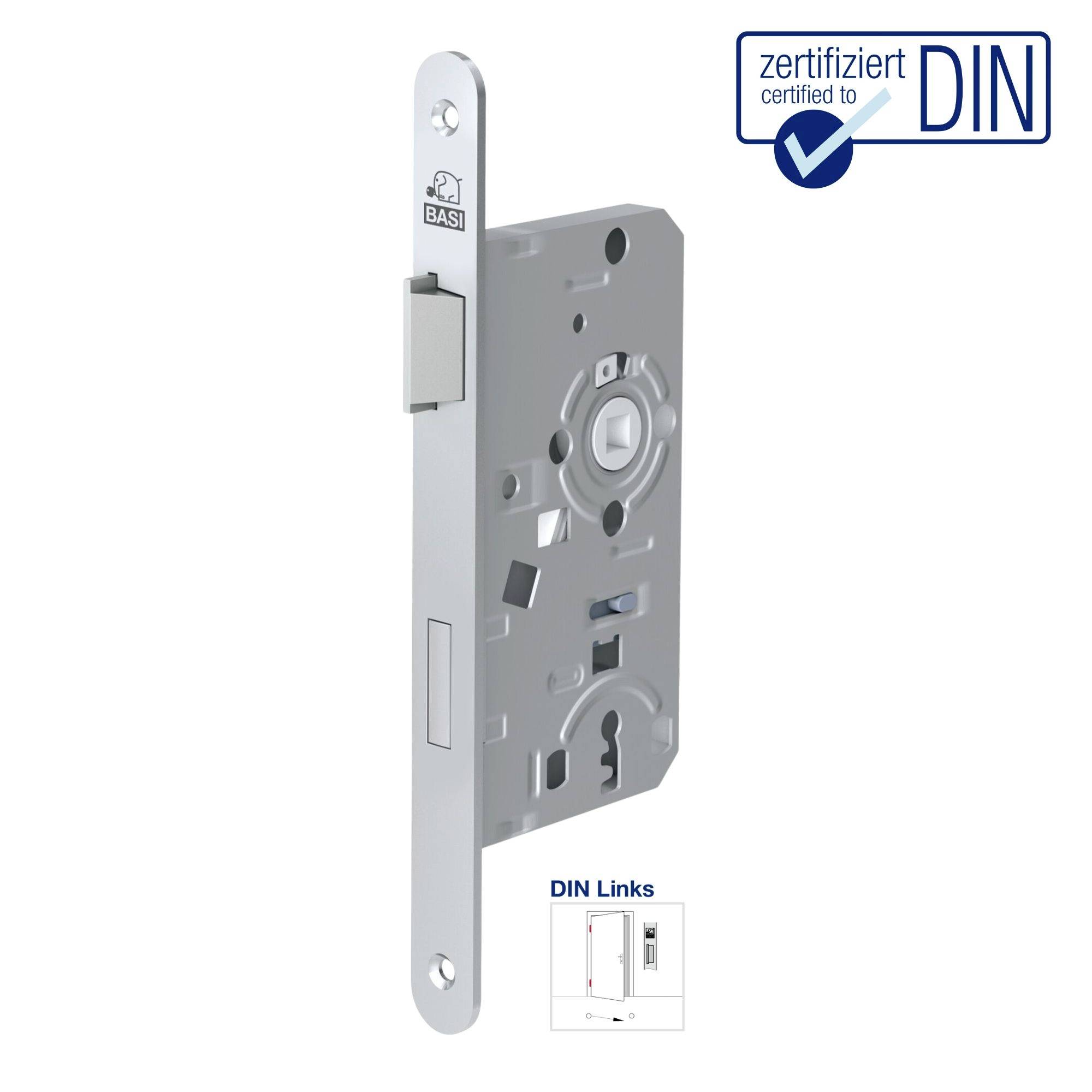 Schlosskasten mit DIN-Zertifizierung. Quadratische Form, silberne Metallfarbe. Symbol für Drehrichtung links unten abgebildet.