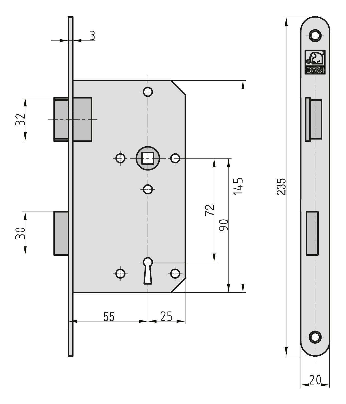 Basi 9220-5528 Einsteck-Zimmertürschloss Silber