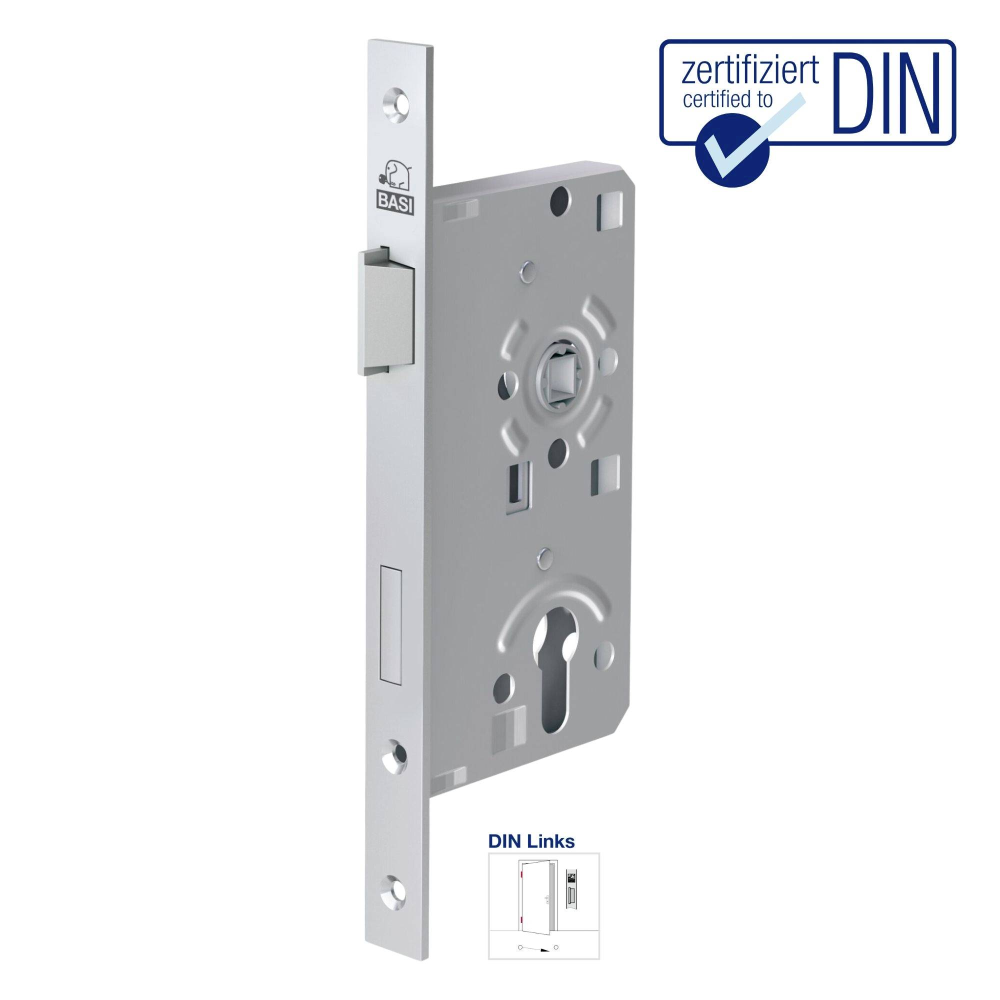 Ein silberfarbenes Türschloss mit Zertifizierungssiegel 'zertifiziert nach DIN'. Es ist für linke Türen geeignet.