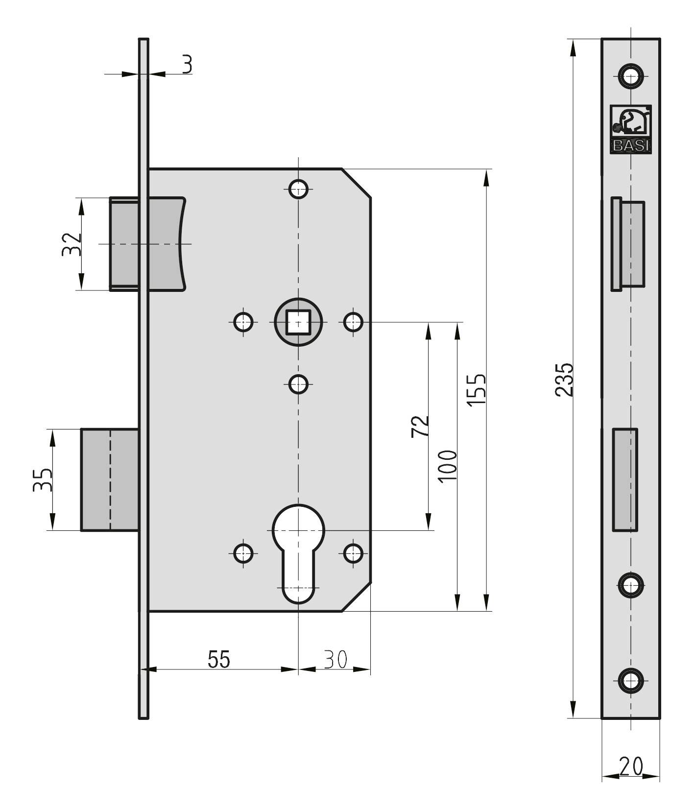 Basi 9240-5522 Einsteck-Zimmertürschloss Silber