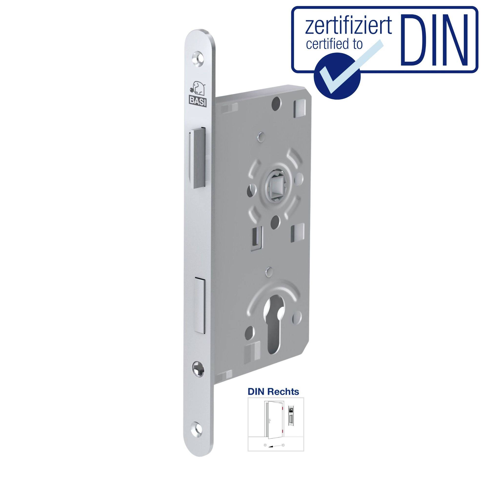 Türschloss von BASI, DIN-zertifiziert, zeigt das Schlüsselloch und die Schließplatte. DIN-Rechts Ausrichtung.