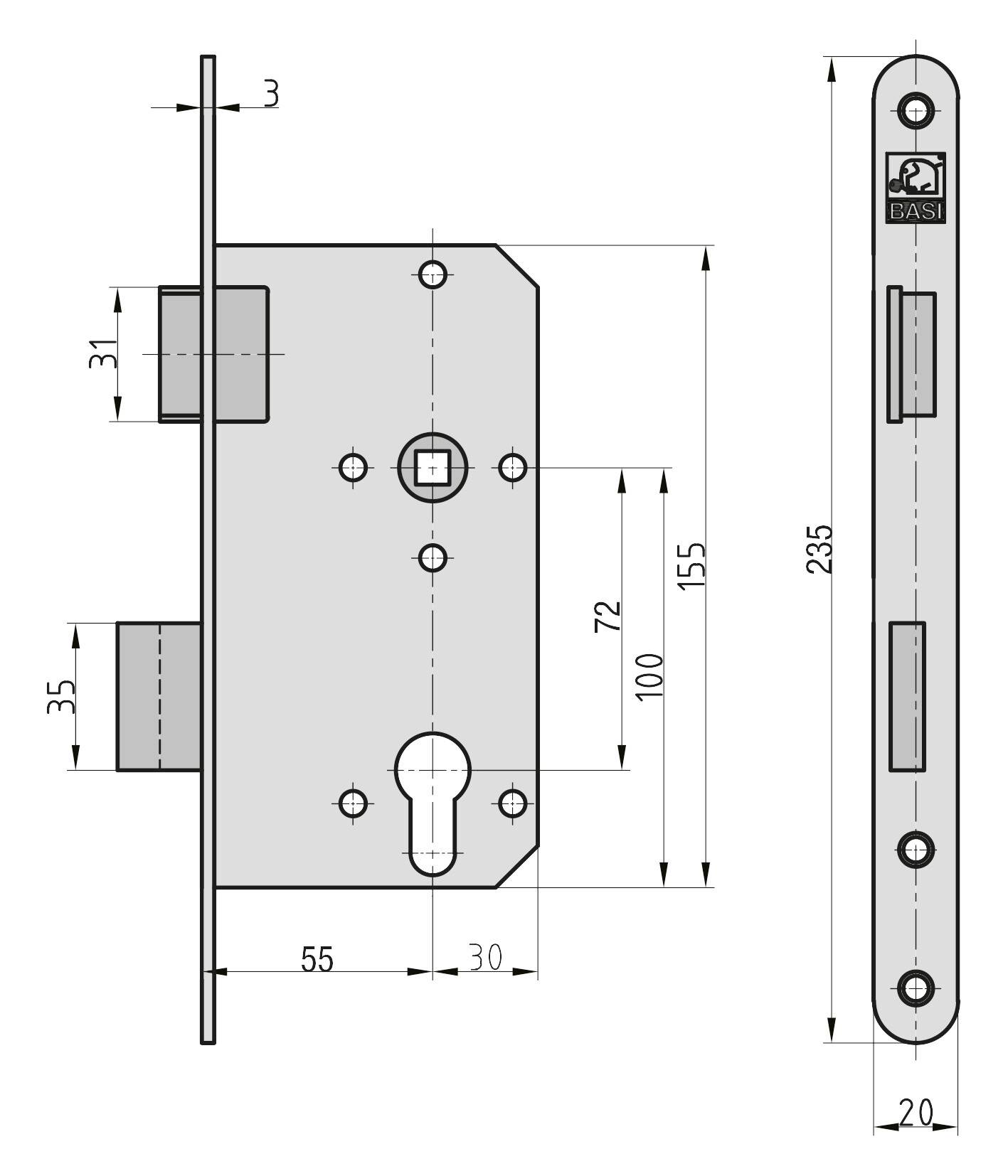 Basi 9250-5518 Einsteck-Zimmertürschloss Silber
