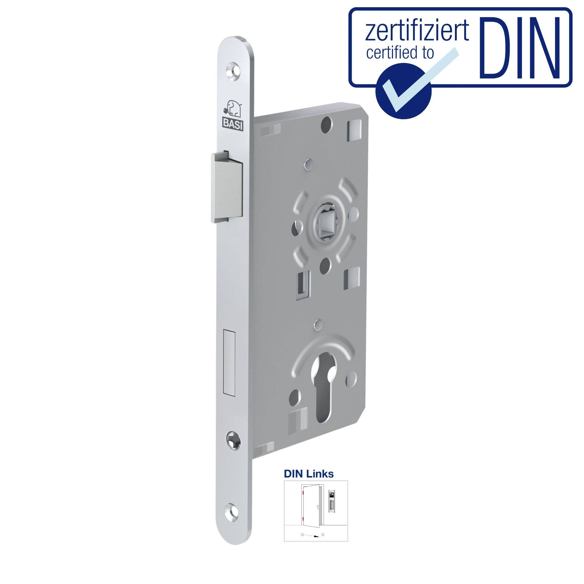 Türschloss mit DIN-Zertifikat und gezeigter Bemaßung. Das Schloss ist silberfarben und trägt das Logo 'BASI'.