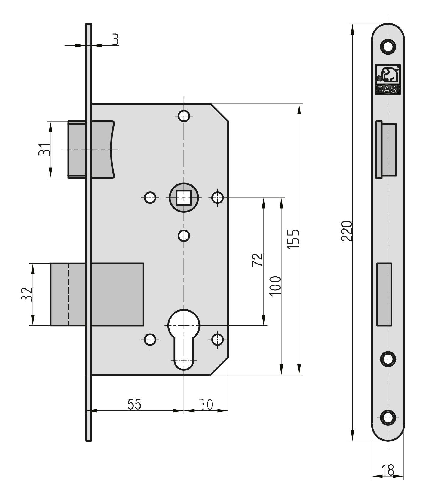 Basi 9290-5521 Einsteck-Zimmertürschloss Silber