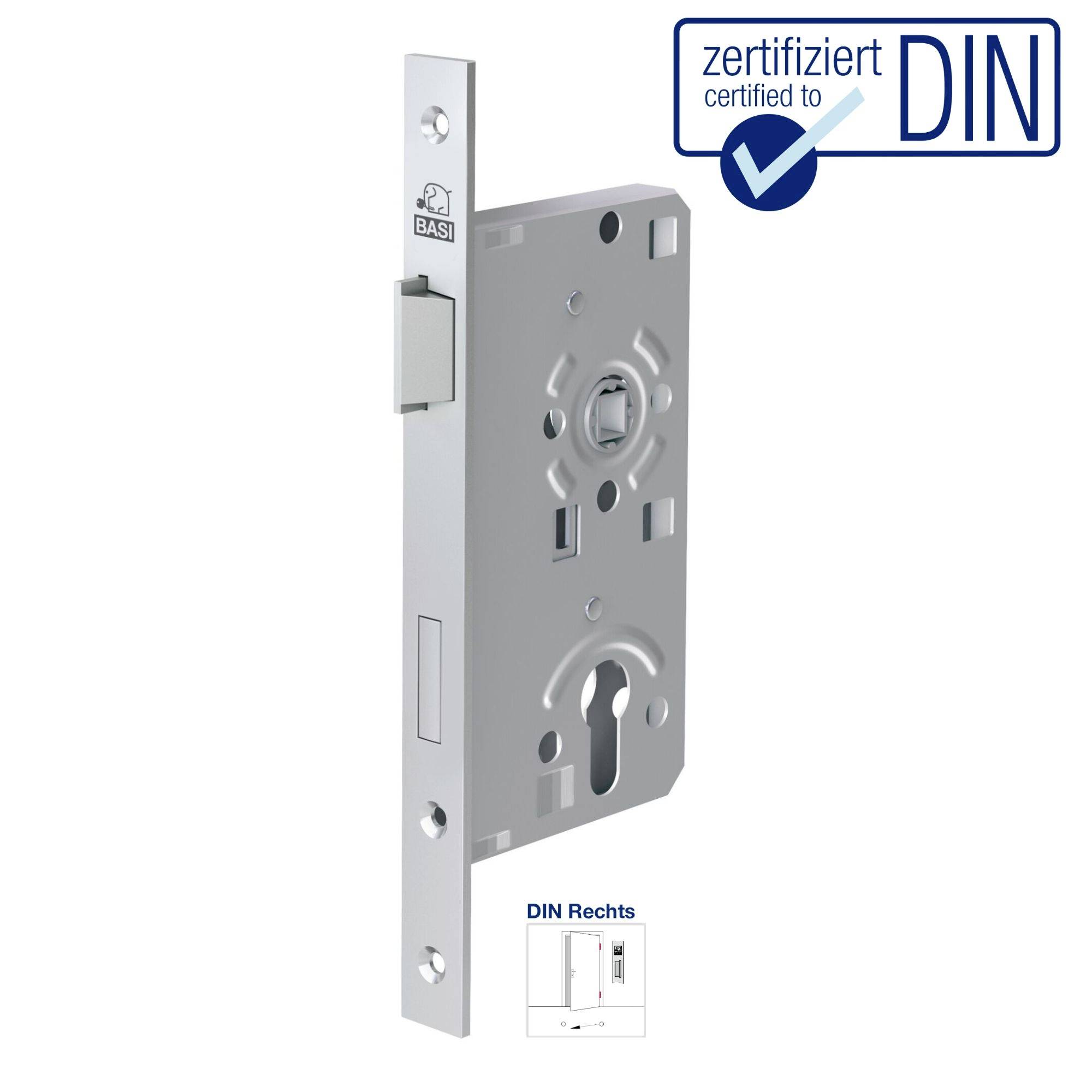 Ein Einsteckschloss aus Metall, geeignet für DIN-Rechts-Türen, mit Zertifizierungssiegel in der Ecke.