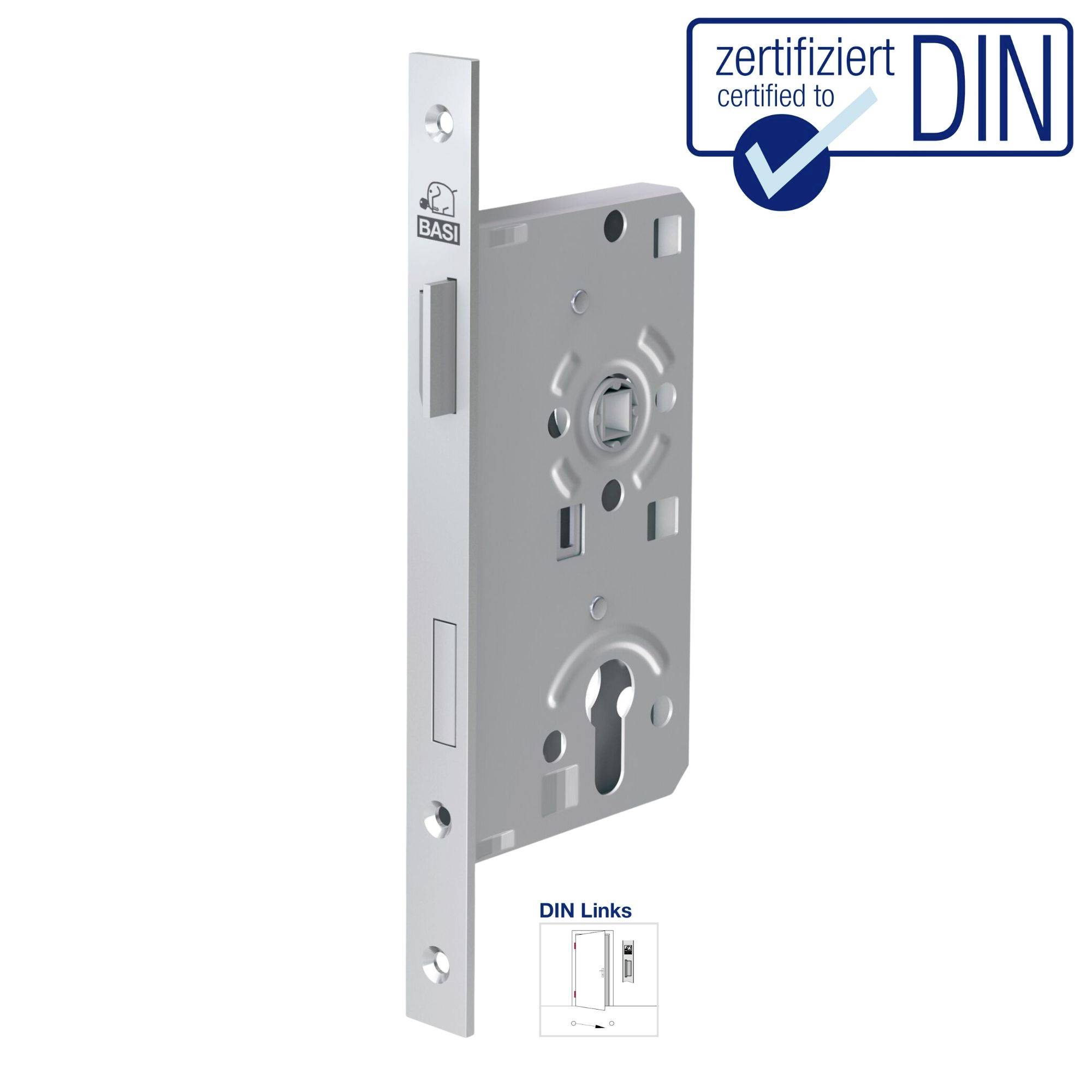 Ein DIN-zertifiziertes Türschloss mit rechteckiger Metallplatte und zylindrischem Schließmechanismus seitlich sichtbar.