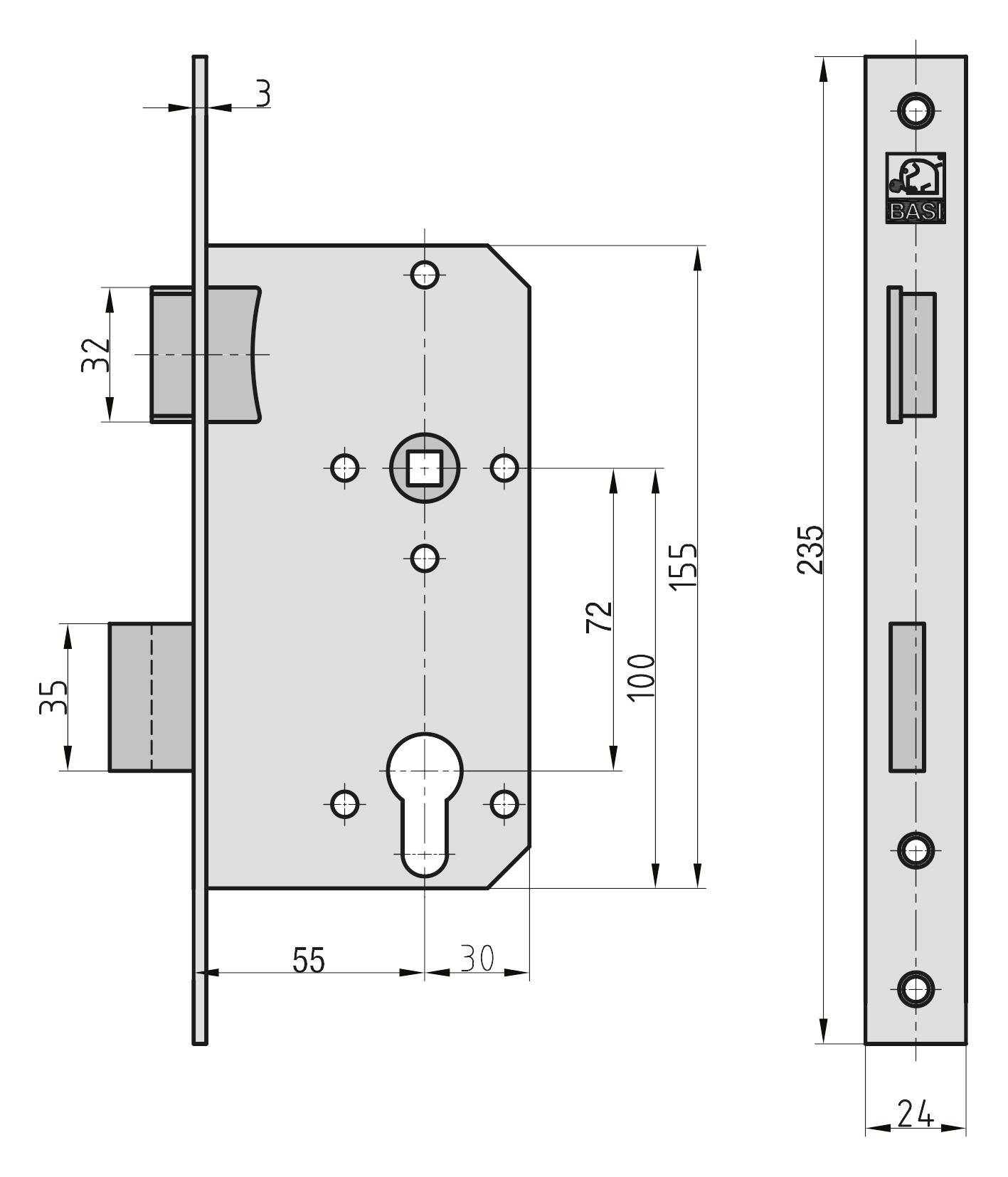 Basi 9320-5522 Einsteck-Zimmertürschloss Silber