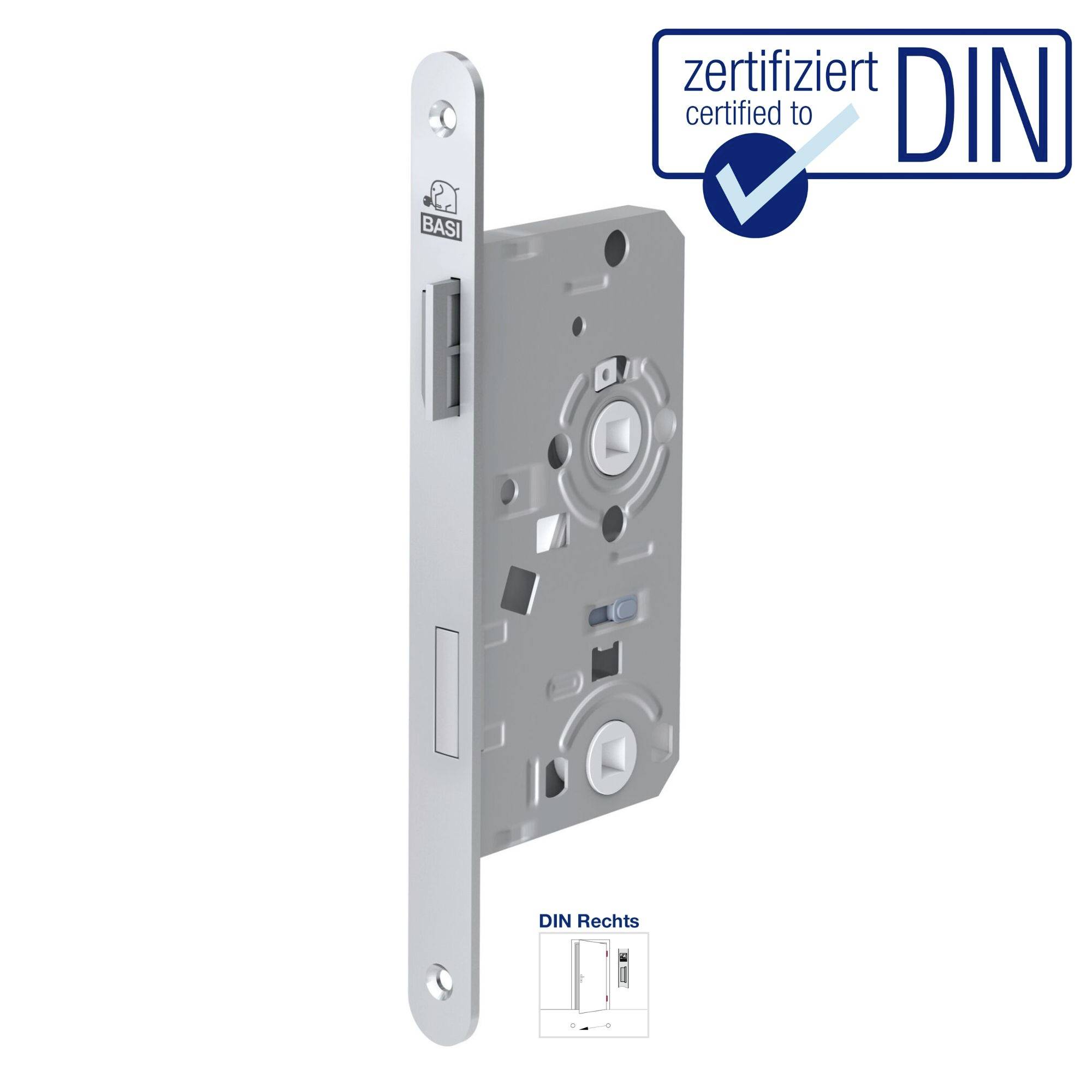Zylinderschloss mit DIN-Zertifizierungssiegel, silberfarben, geeignet für rechte Türanschläge, zeigt interne Mechanismen.