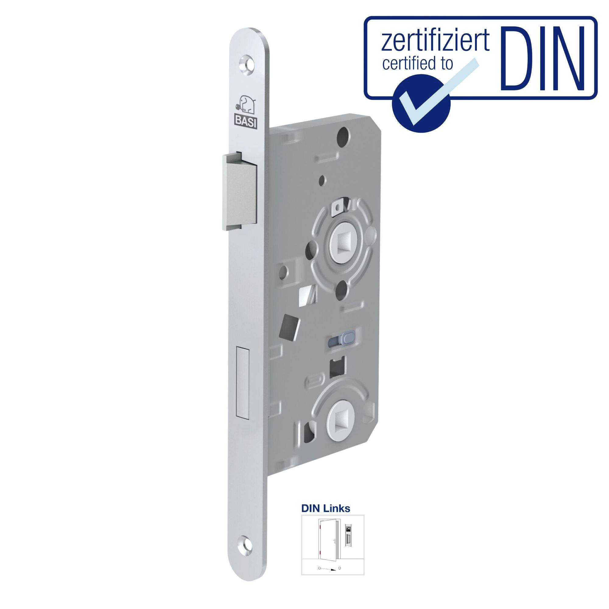 Ein Basi-Türschloss mit DIN-Zertifizierung. Das Bild zeigt ein silbernes Schloss mit sichtbarer Mechanik. Oben rechts das DIN-Logo.