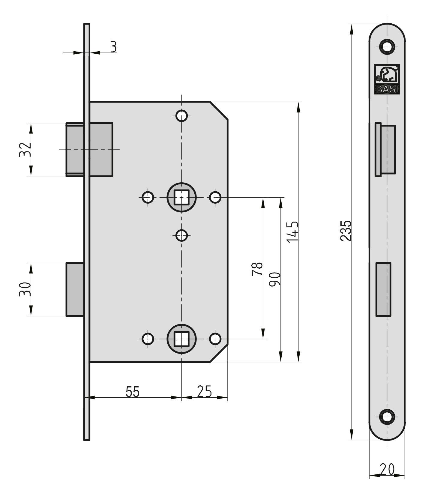 Basi 9350-5531 Einsteck-Zimmertürschloss Silber