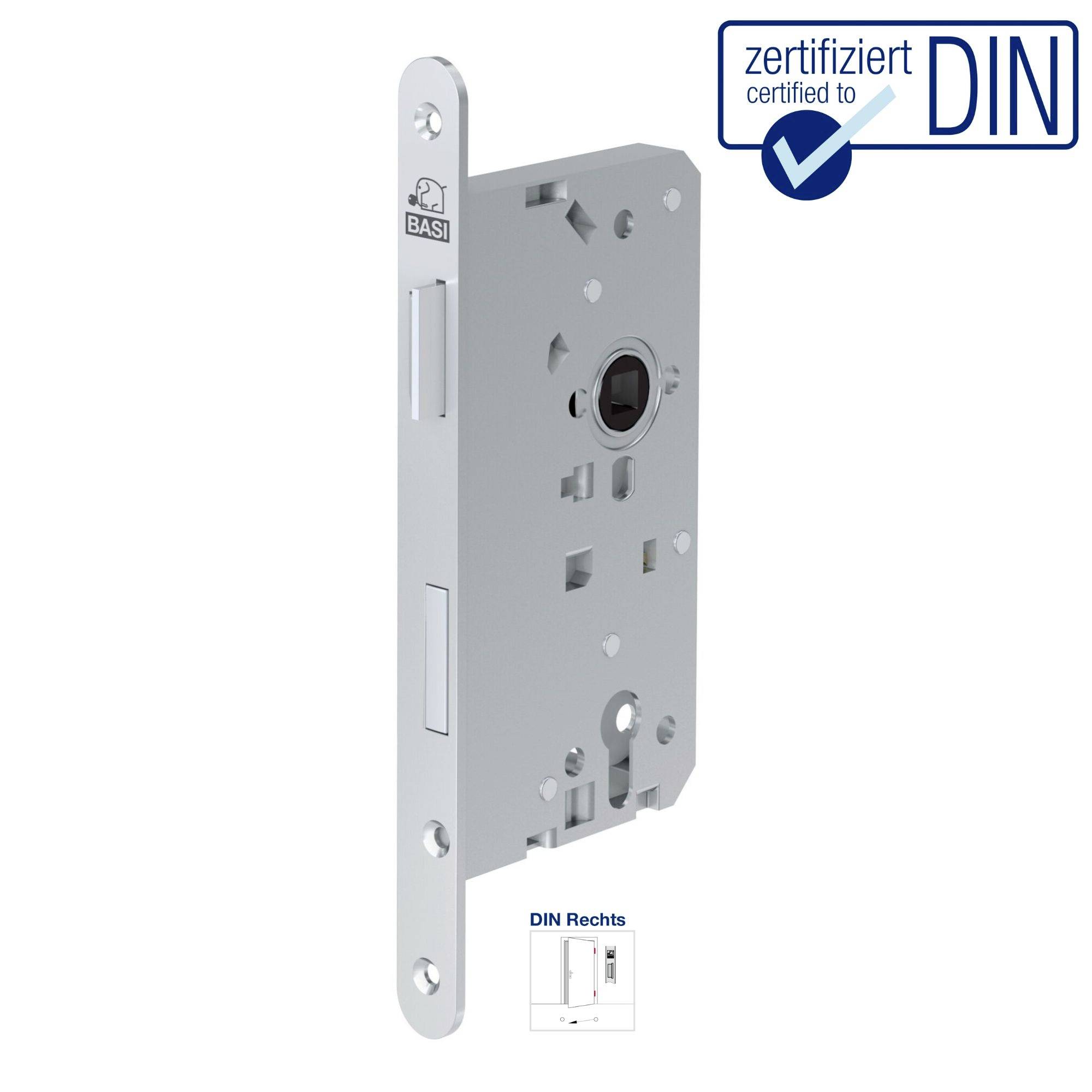 Verriegelungsmechanismus mit DIN-Zertifizierung, rechte Ausführung, silberfarben. Firmenlogo 'BASI' sichtbar auf der Vorderseite.