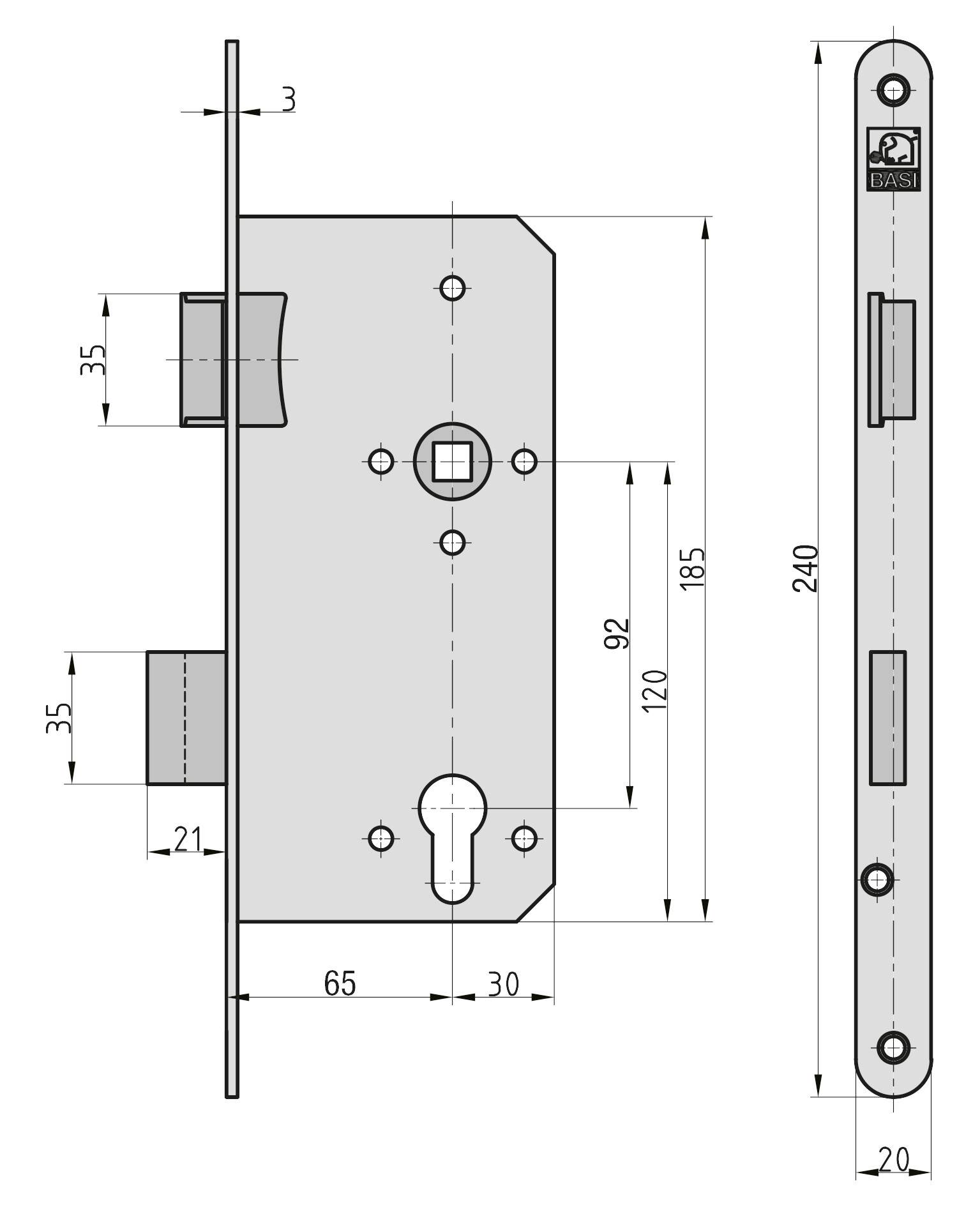 Basi 9770-6521 Einsteck-Zimmertürschloss Silber