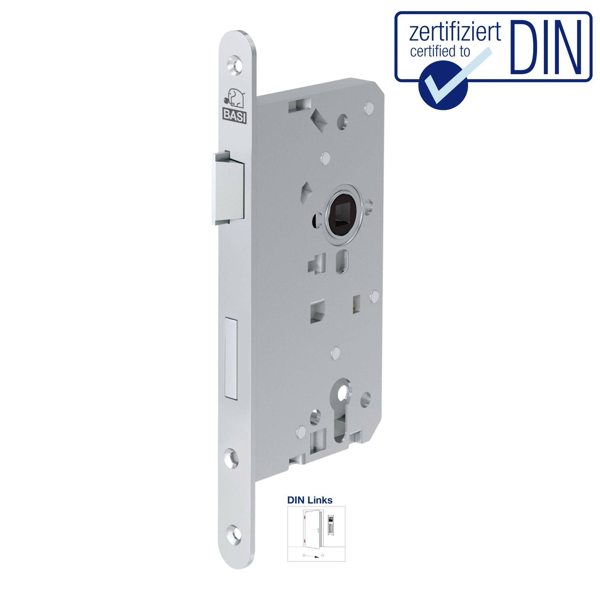 Metallschloss mit Zertifikat, DIN-Links. Schlossmarke 'BASI' mit blauem DIN-Logo oben rechts.