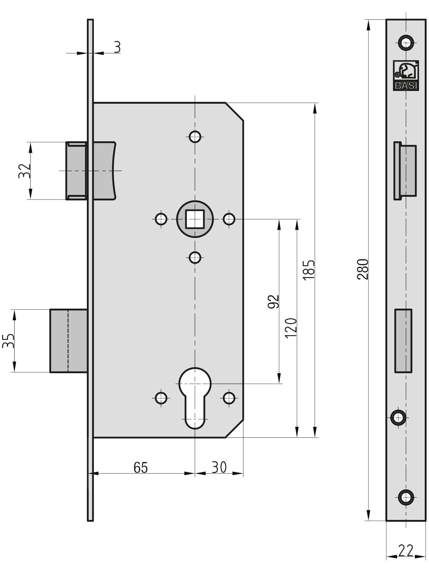 Basi 9790-6521 Einsteck-Zimmertürschloss Silber