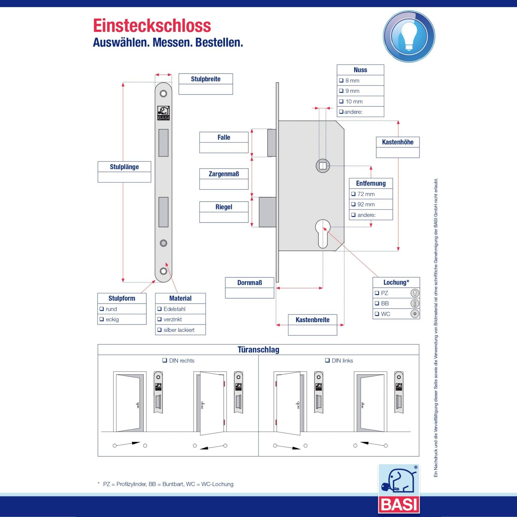 Diagramm eines Einsteckschlosses mit Beschriftungen zu Bestandteilen wie Falle, Riegel und Dornmaß; zeigt Montageoptionen.