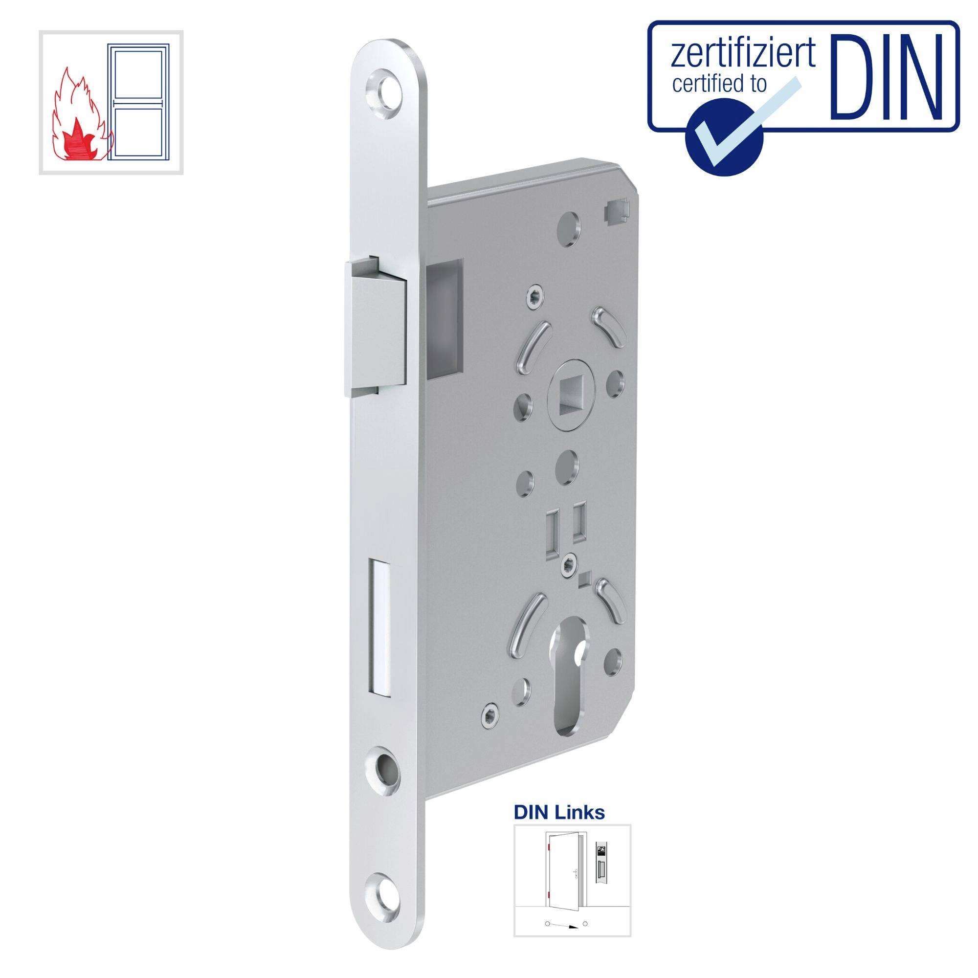 Das Bild zeigt ein silbernes Türschloss mit DIN-Zertifizierung. Links ein Symbol für Brandschutz. Unten rechts ein Detailbild mit Beschriftung 'DIN Links'.