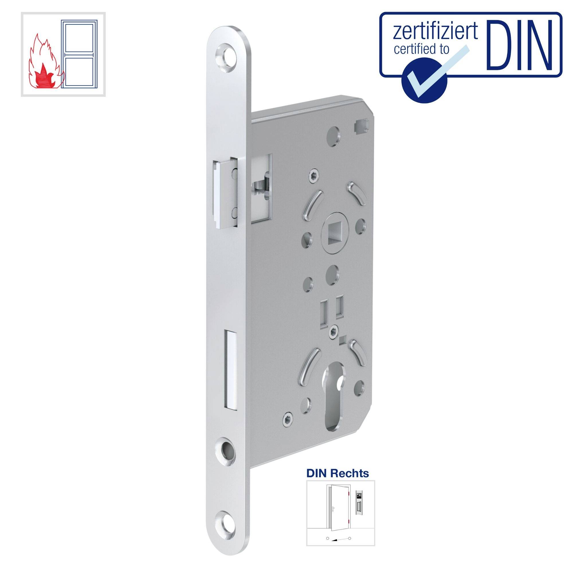 Schlosskasten für Türen, rechts, mit Feuer- und Einbruchsschutz, DIN-zertifiziert; in Silber, mit technischem Symbol unten.