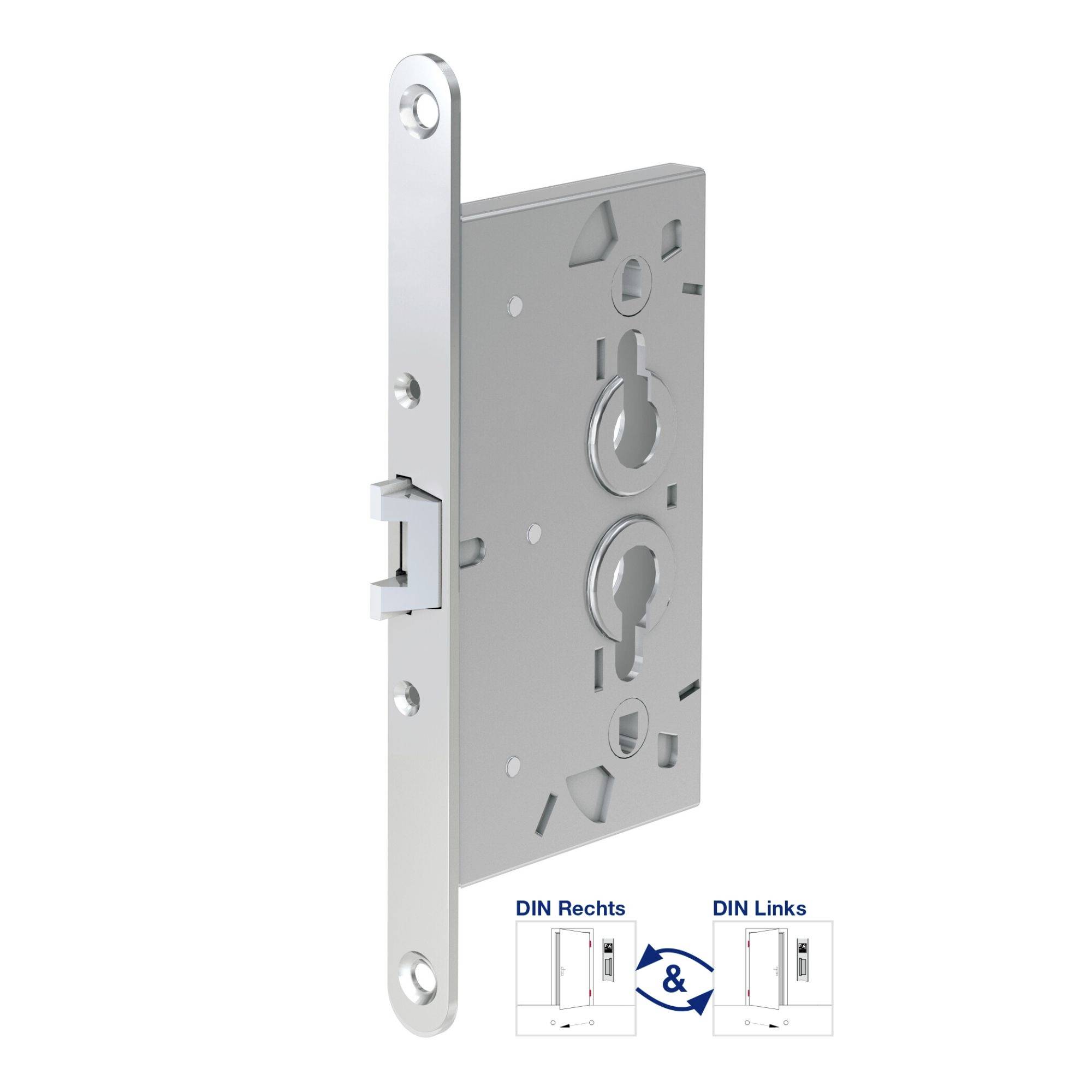 Metallisches Einsteckschloss mit mehreren Aussparungen; Hinweise zu DIN-Rechts und DIN-Links unten.