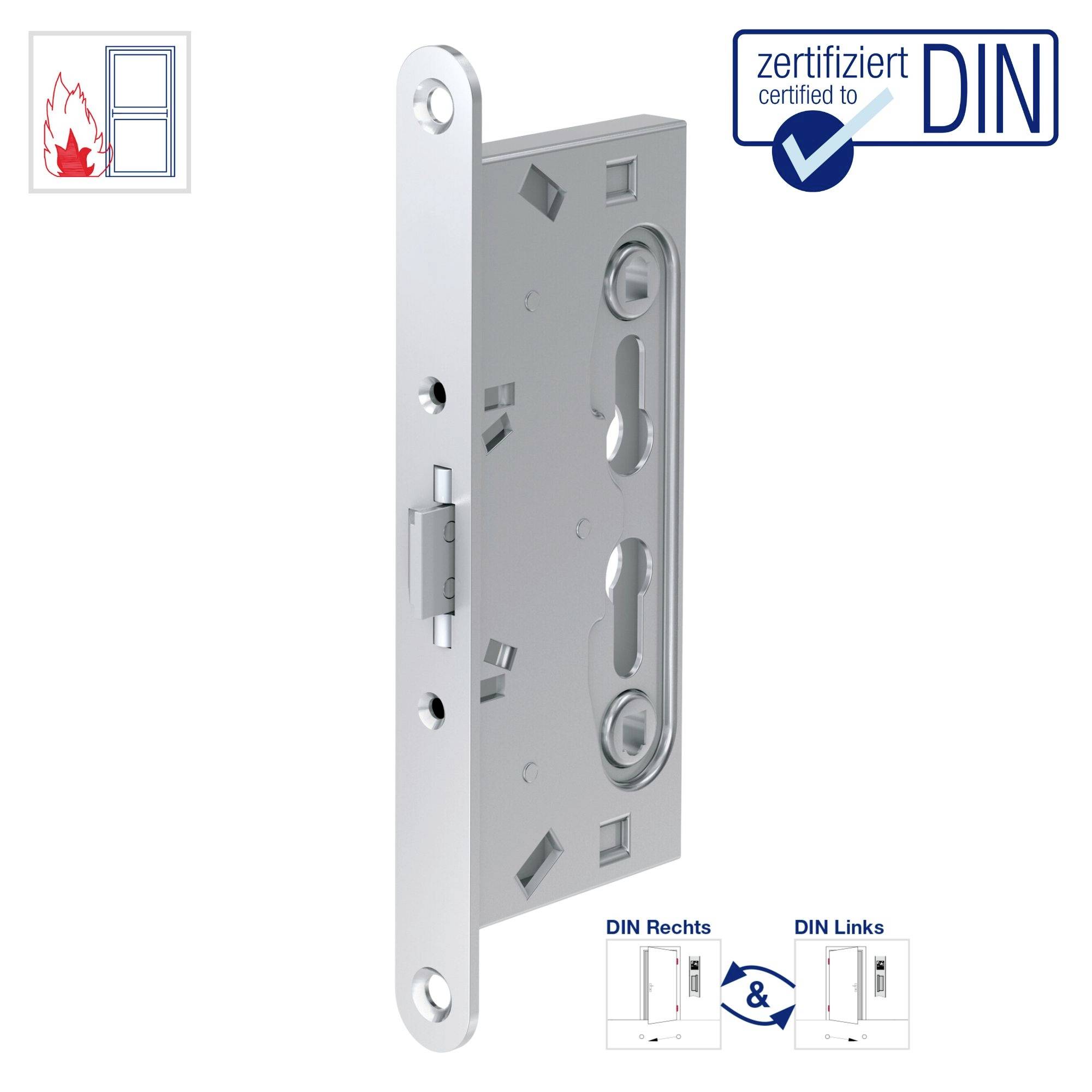 Ein silbernes Türschloss mit DIN-Zertifizierung. Icons für Brandschutz und Einbaurichtungen DIN-Rechts und DIN-Links sind sichtbar.