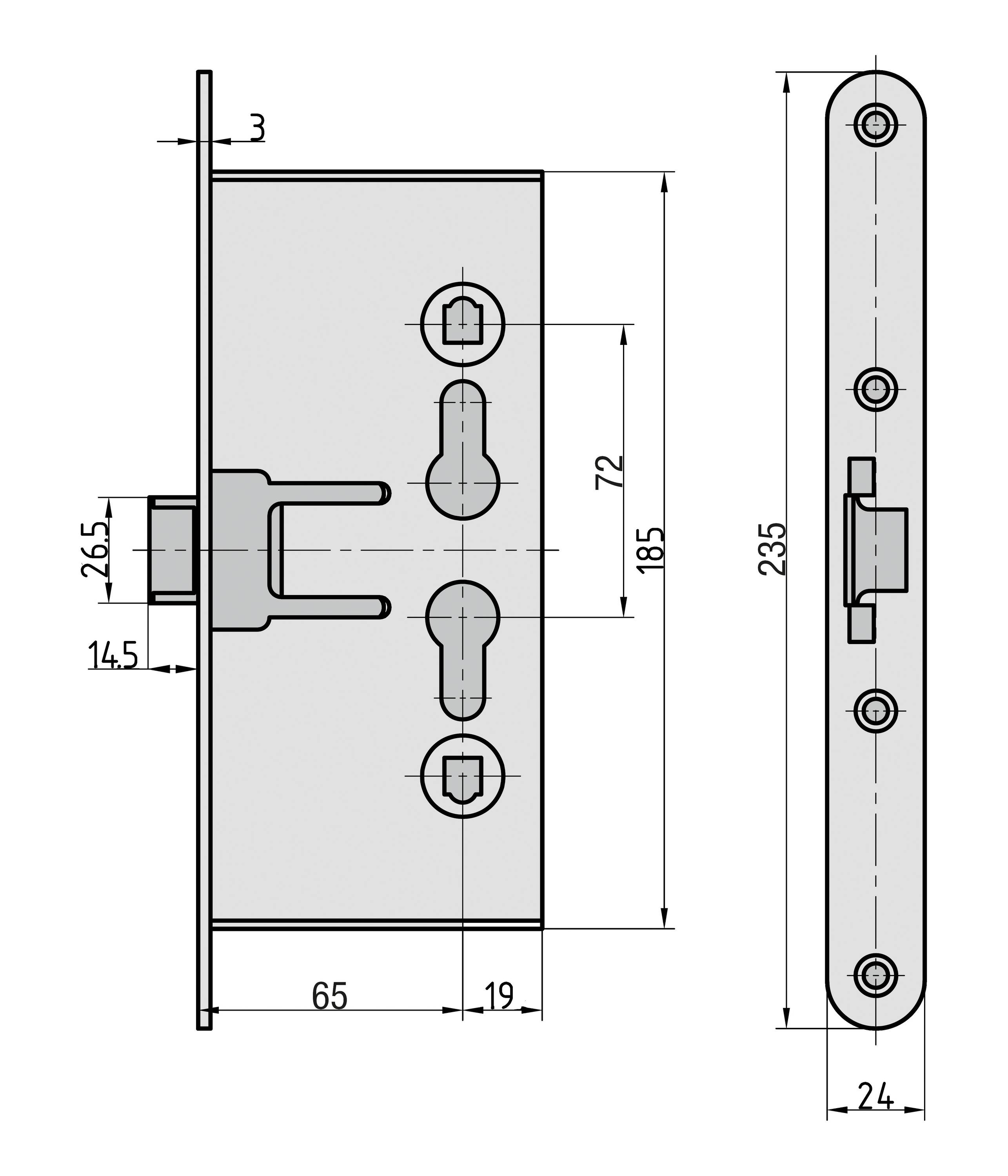 Basi 9840-6520 Einsteck-Zimmertürschloss Silber