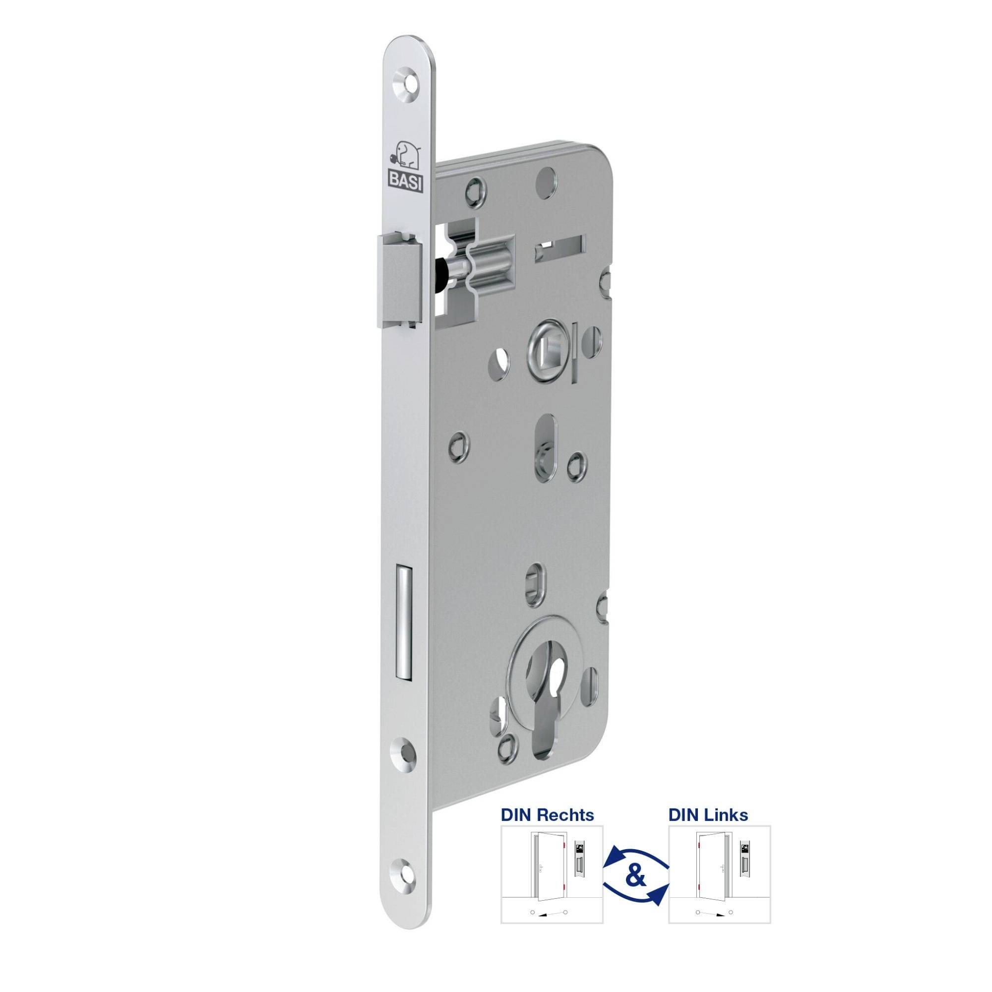 Schlossmechanismus, Einsteckschloss für Türen. Abbildung zeigt Optionen für DIN-Richtung: Rechts und Links. Markenlogo oben.