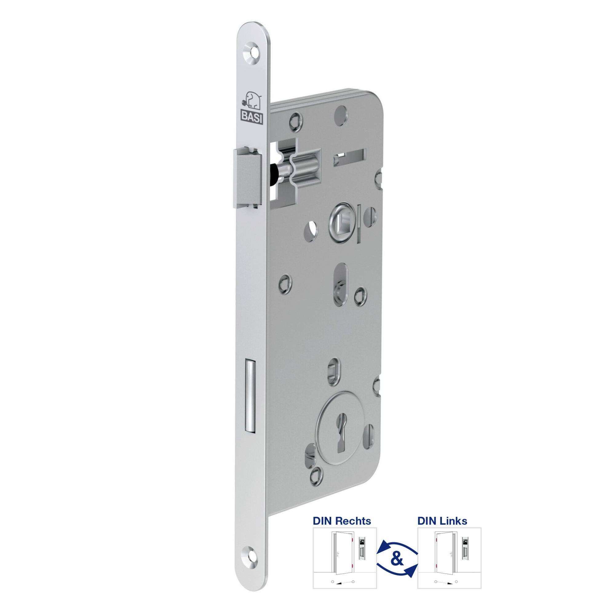 Ein Einsteckschloss aus Metall, geeignet für DIN-Rechts- oder DIN-Links-Türen. Kleines Hinweisbild zeigt Türmontageoptionen.