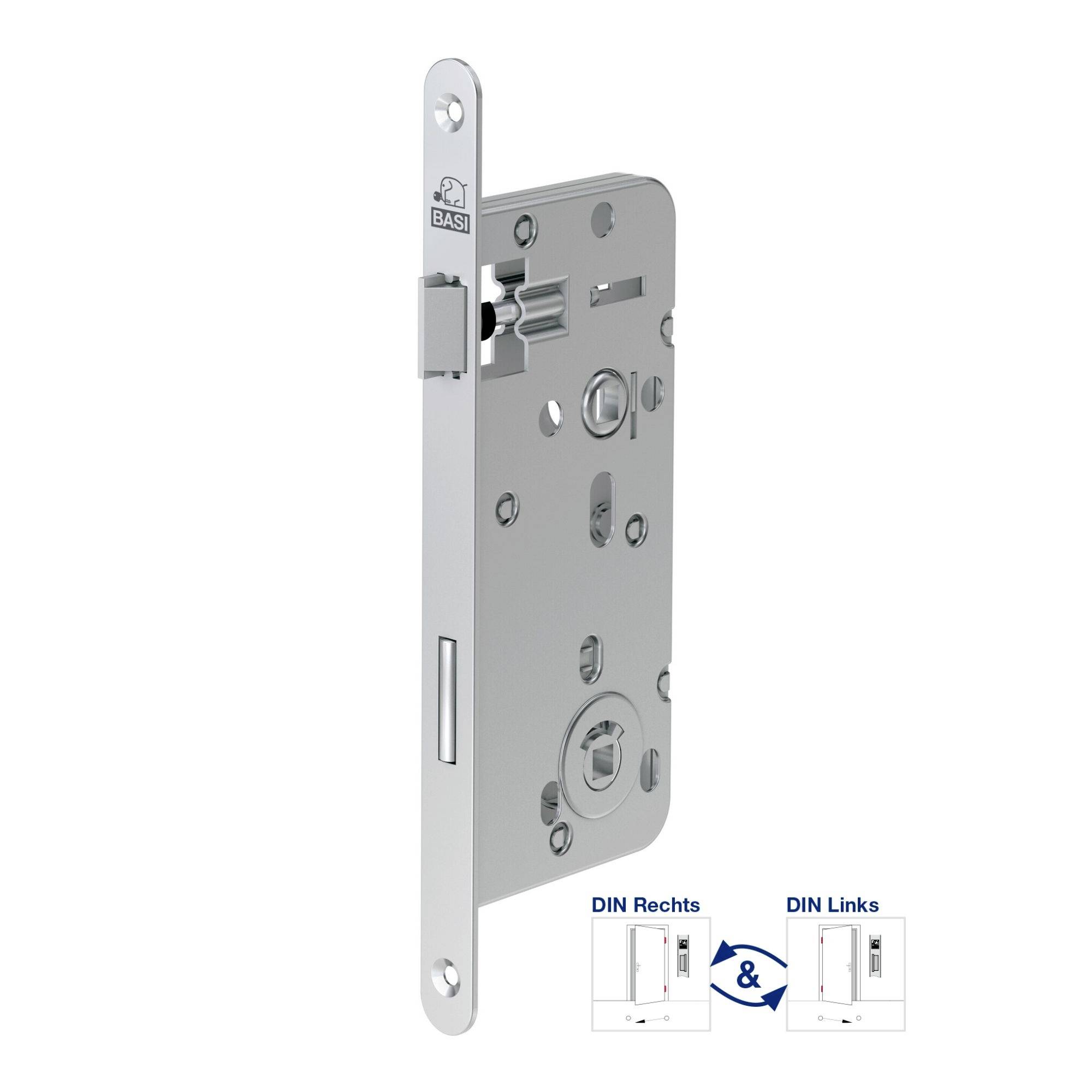 Schlosskasten aus Metall für Türmontage, kompatibel mit DIN-Rechts- und DIN-Links-Türen. Abbildung zeigt Richtungen für den Einbau.