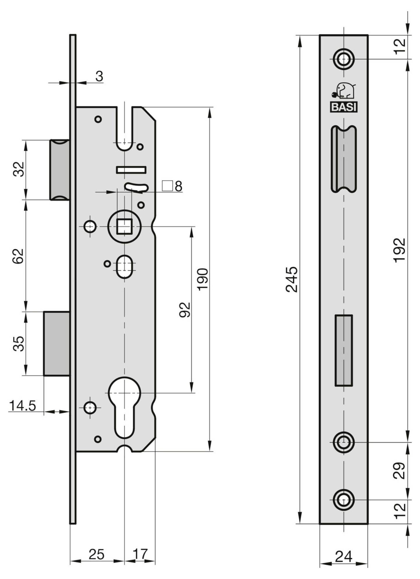 Technische Zeichnung eines Türschloss-Mechanismus mit Draufsicht und Seitenansicht sowie Maßen. Beinhaltet Messungen und markierte Bohrungen.
