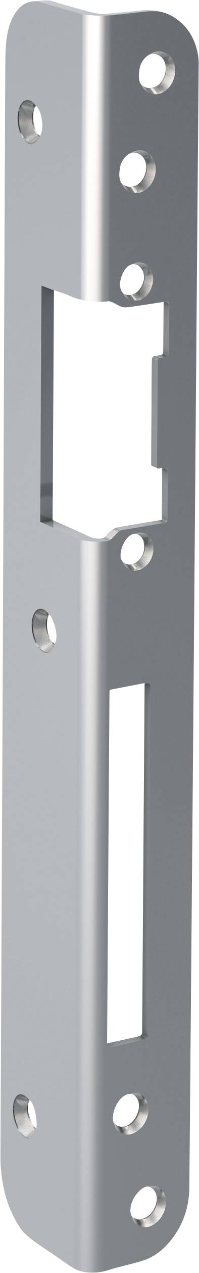 Metallplatte mit mehreren runden Löchern und rechteckigen Ausschnitten, vermutlich zur Befestigung oder Montage von Komponenten.