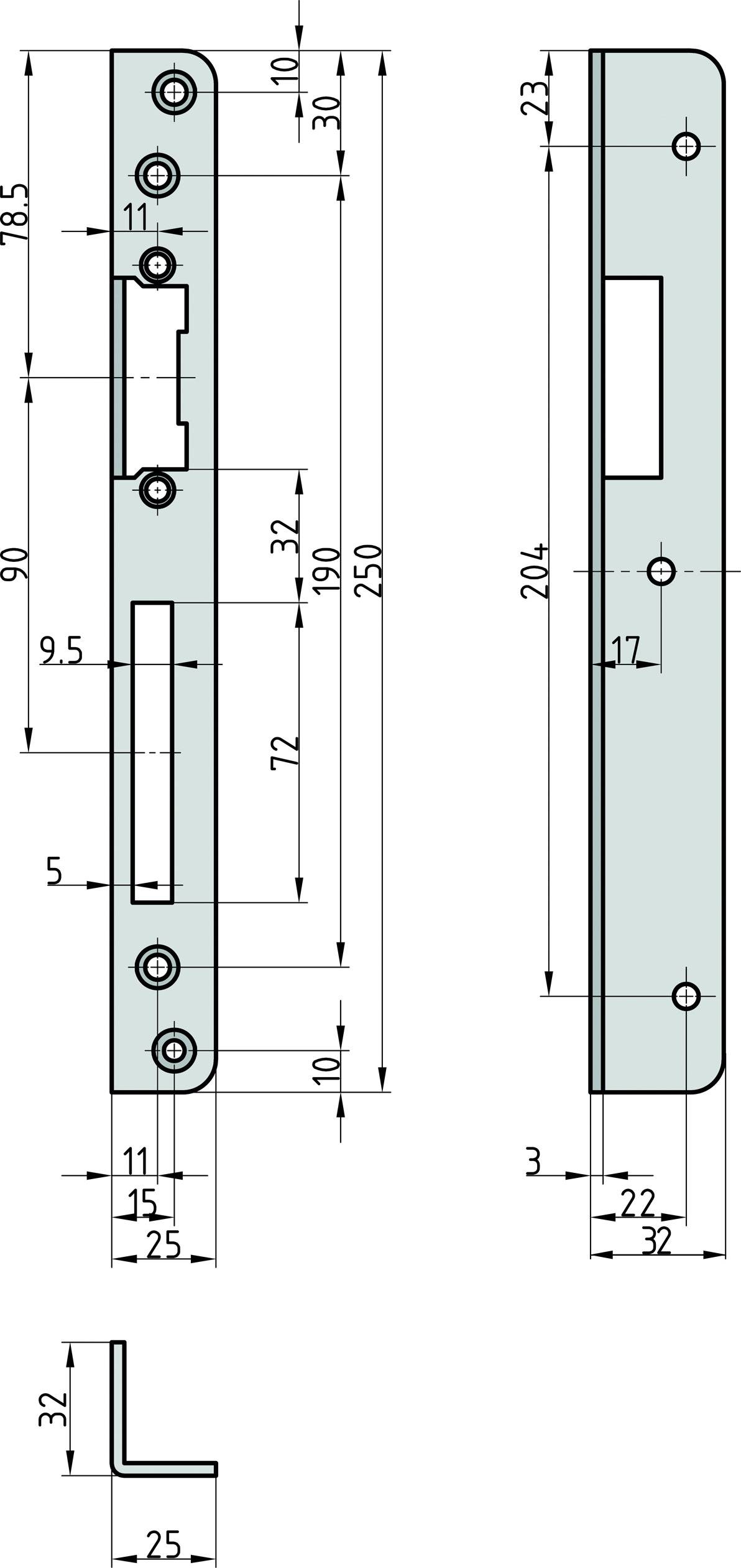 Technische Zeichnung eines Riegelschlosses mit genauen Maßangaben in Millimetern, mit Vorder- und Seitenansicht, detaillierte Bohrlöcher.