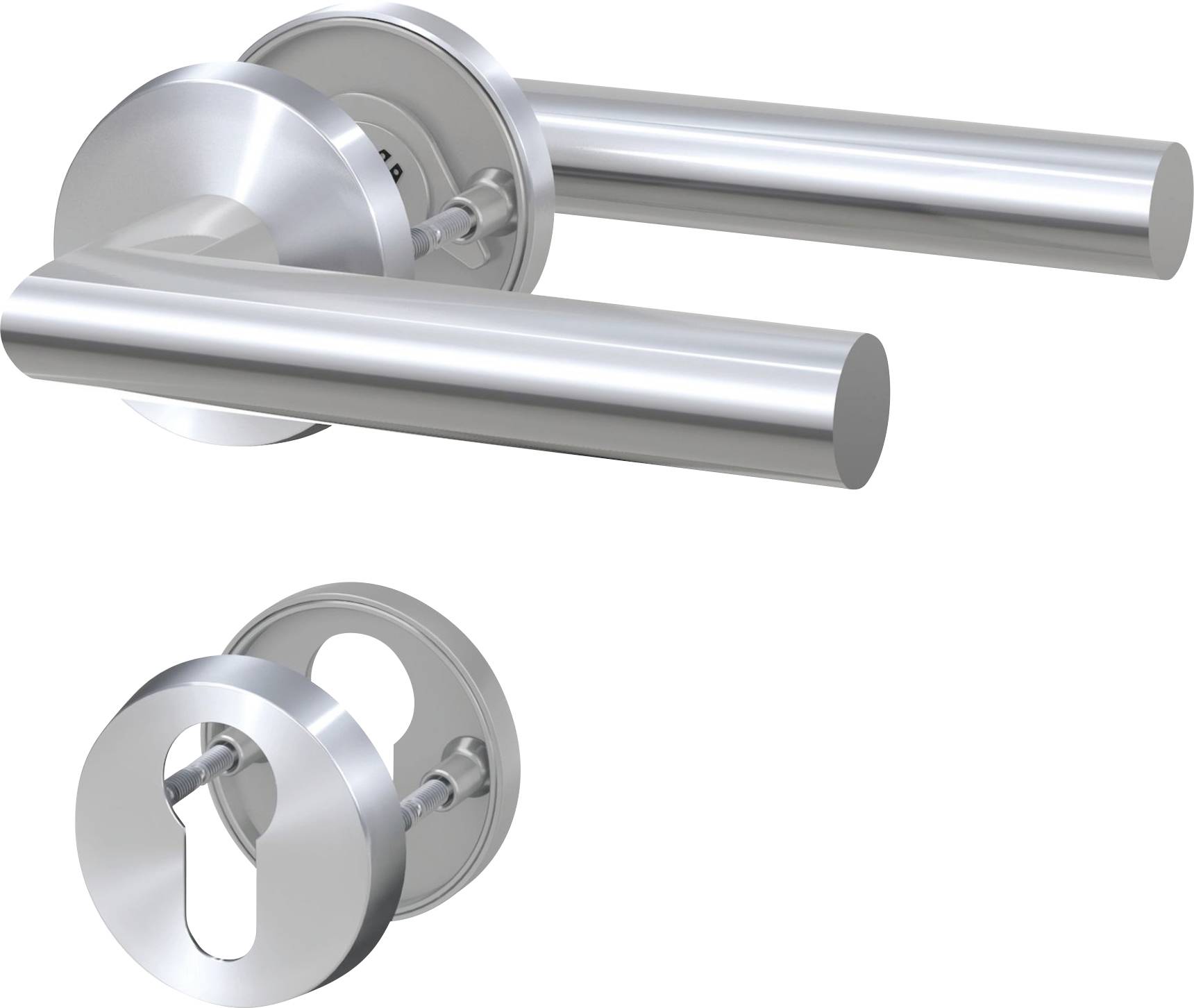 Ein aus Edelstahl gefertigtes, zylindrisches Türklinken-Set, bestehend aus zwei parallelen Griffen und einer passenden Schutzbeschlag mit Schlüsselloch.