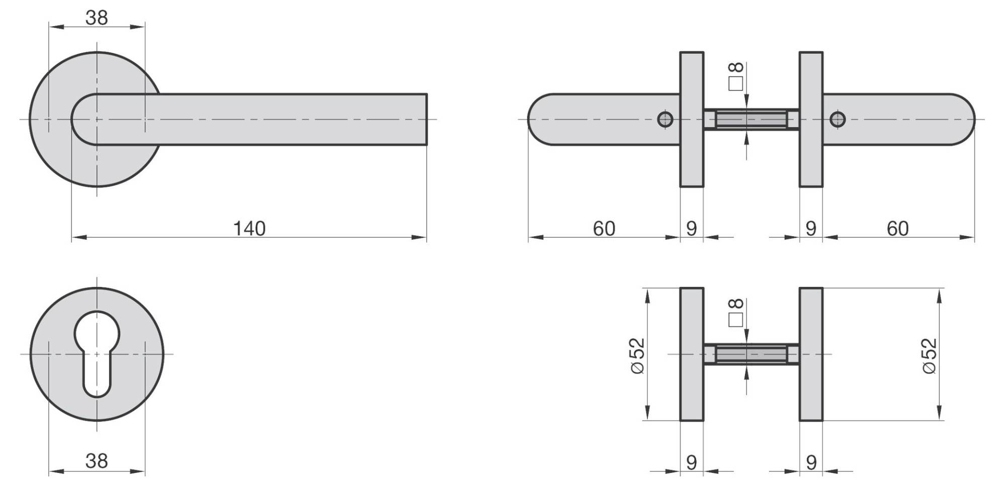 Technische Zeichnung eines Türgriffsets mit Abmessungen: Grifffänge 140 mm, Durchmesser 38 mm und Schließlochdurchmesser 9 mm.