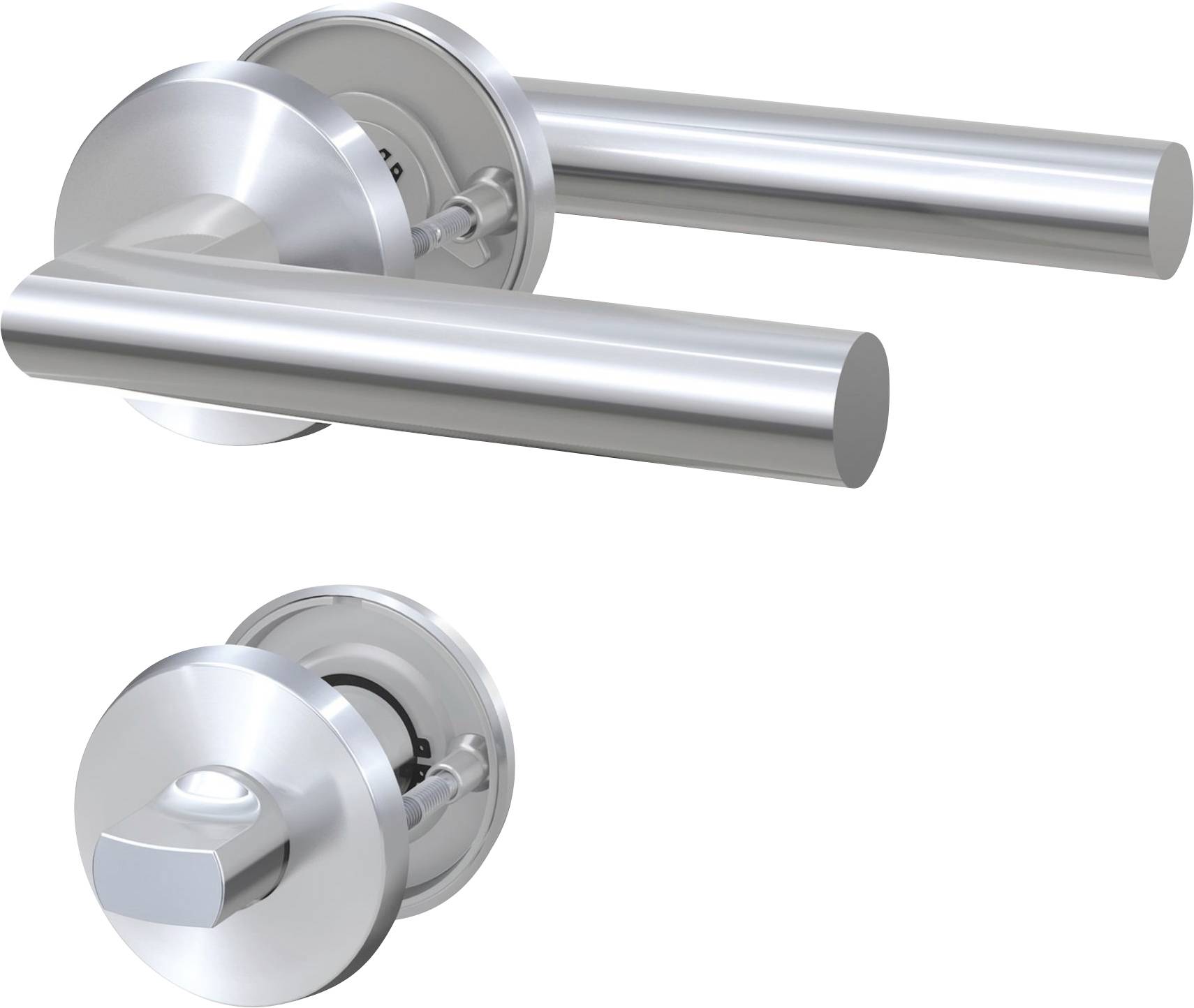 Ein Paar schlanker, silberner zylindrischer Türgriffe, einer mit Drehschloss, die ein modernes, minimalistisches Design zeigen.