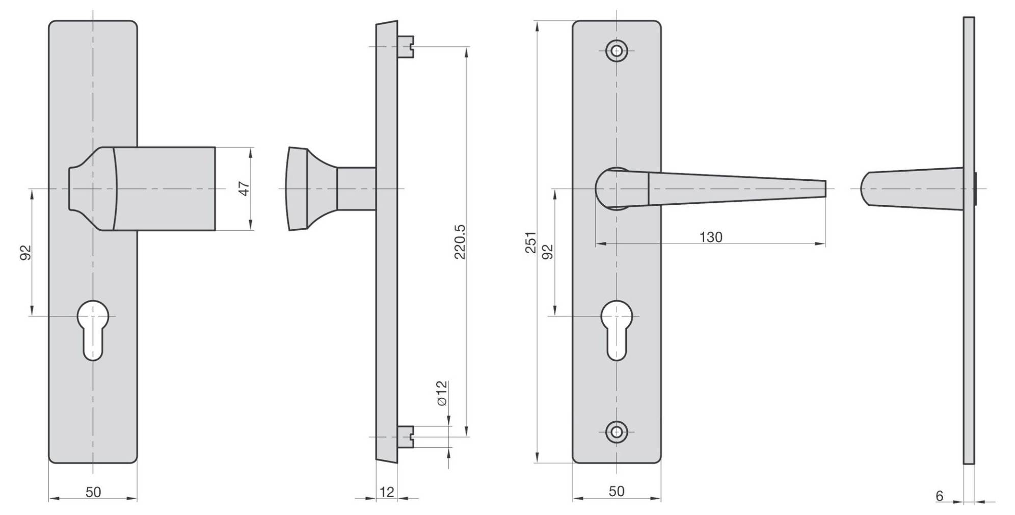 Technische Zeichnung einer Türklinke und eines Schlüsselschildes mit beschrifteten Abmessungen: 92x50mm für die Grundplatte, 47mm Handgriff länge.