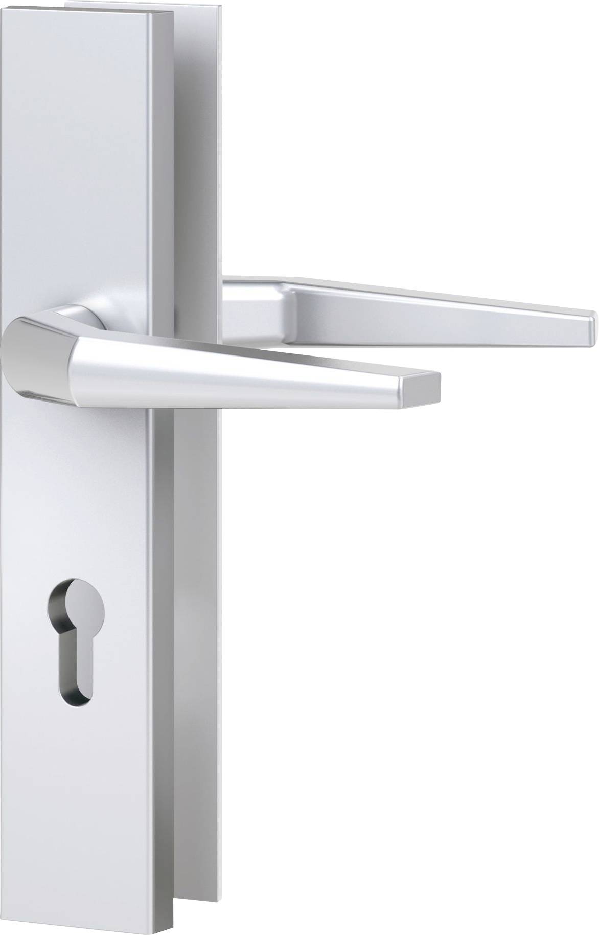 Ein moderner silberner Türgriff mit einem Schlüsselloch auf einer rechteckigen Grundplatte, das ein schlankes, minimalistisches Design zeigt.