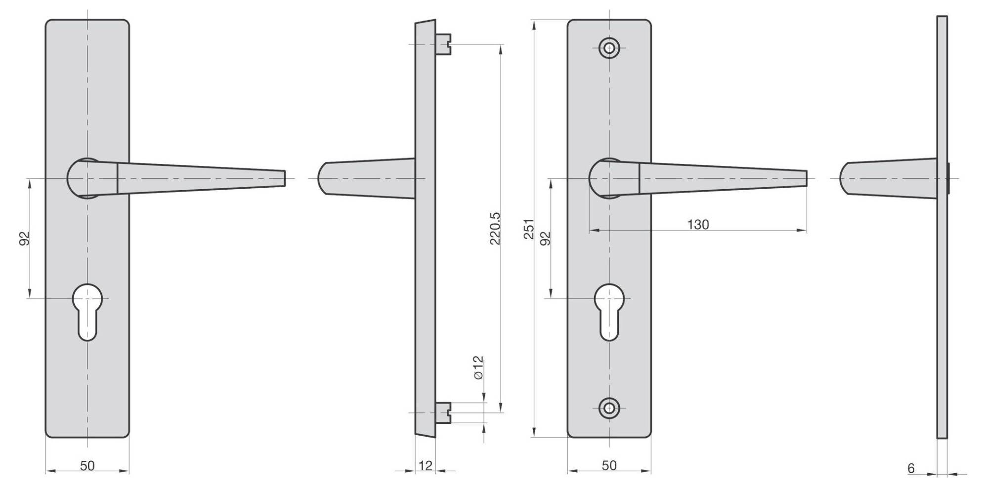 Technische Zeichnung einer Türklinke mit Abmessungen: 92 mm Breite, 221 mm Höhe, 130 mm Grifflänge, mit Schlüsselloch.