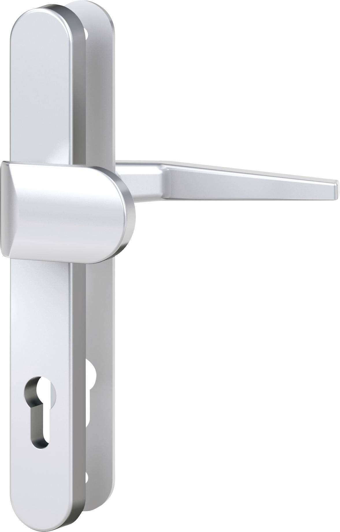 Ein silberner Türgriff und Schloss-Set mit schlankem vertikalen Design und einem Schlüsselloch unten, geeignet für eine moderne Tür.