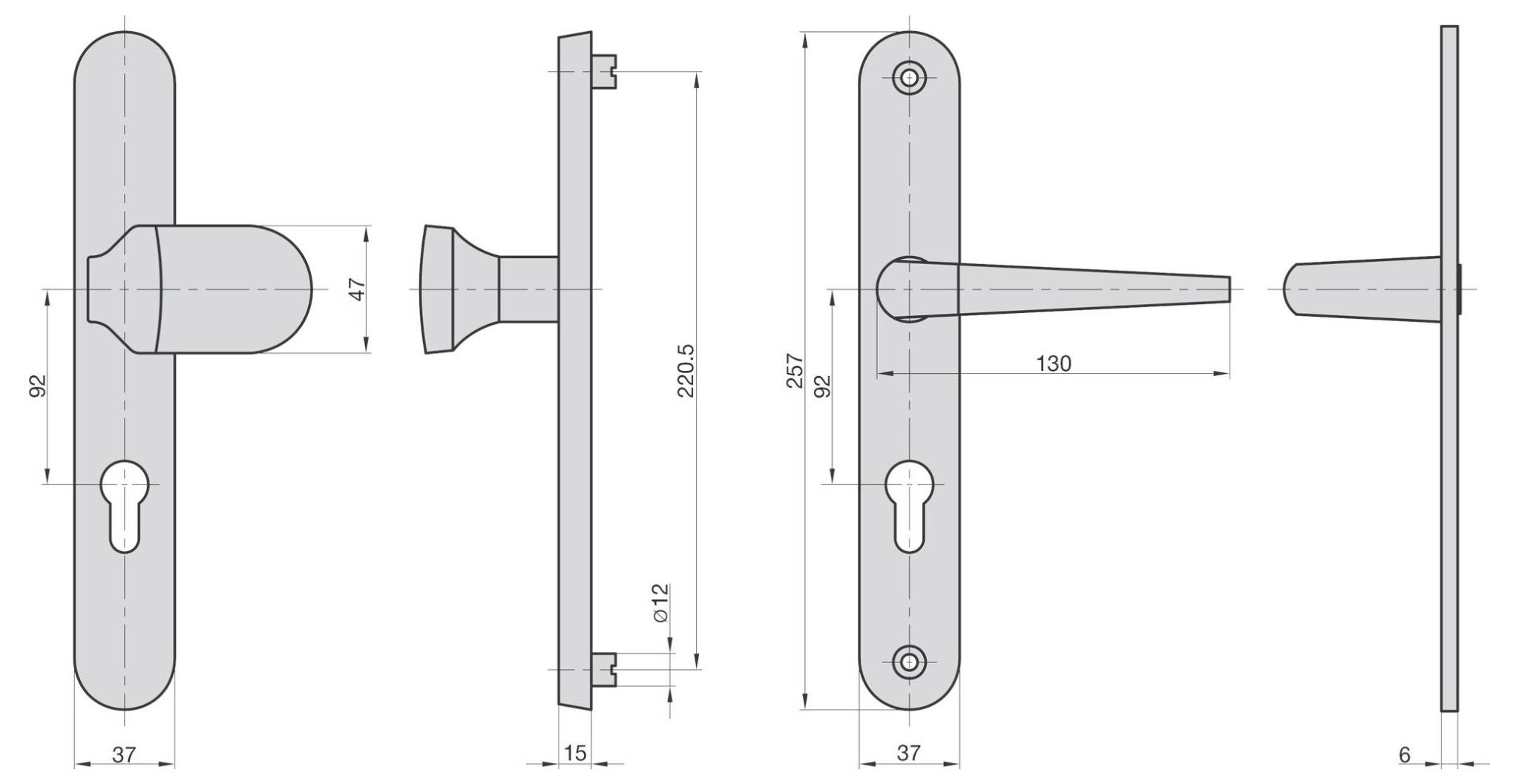 Technische Zeichnung eines Türgriffsets: Seitenansicht mit Schlüsselloch und Abmessungen; Draufsicht zeigt einen Knauf; Seitenansicht zeigt einen Hebelgriff.
