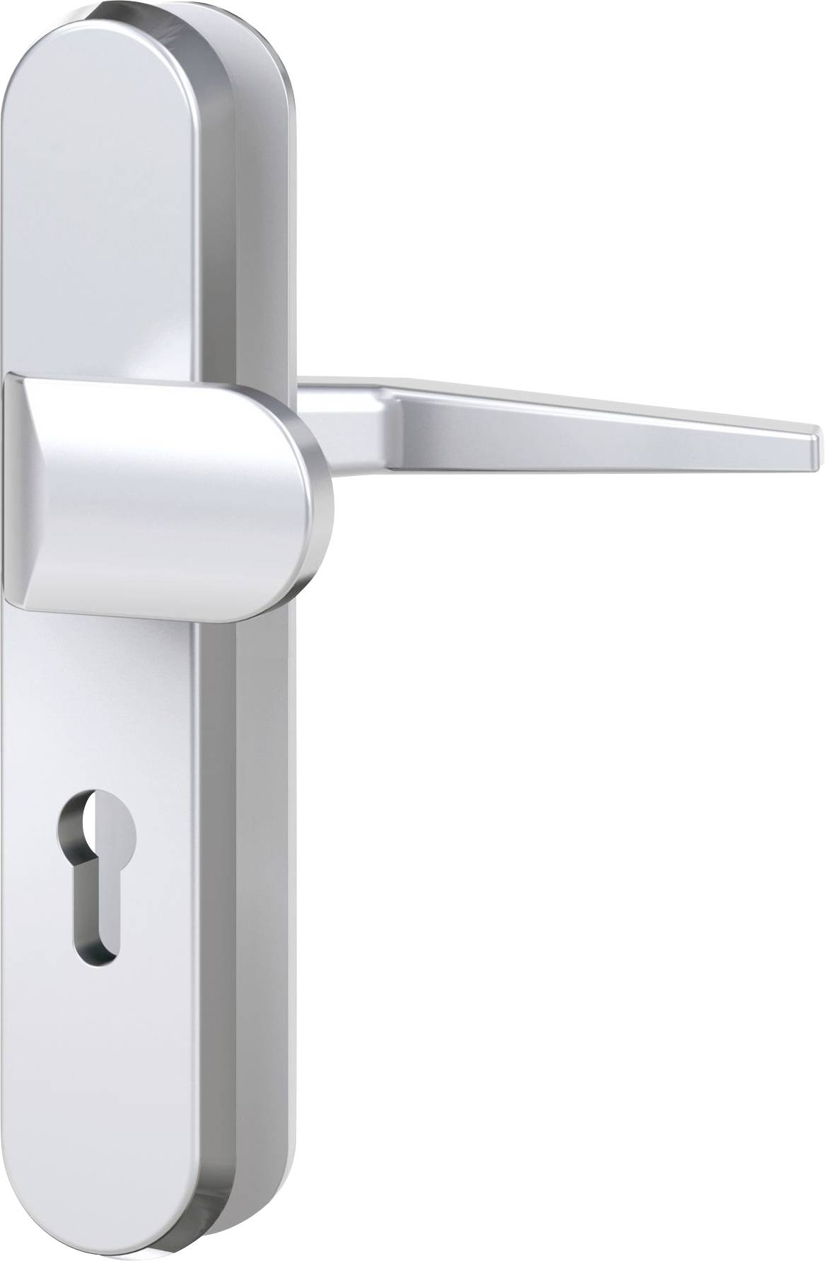 Eine moderne Silbertürgriff mit einem Schlüsselloch, mit einem schlanken, minimalistischen Design.