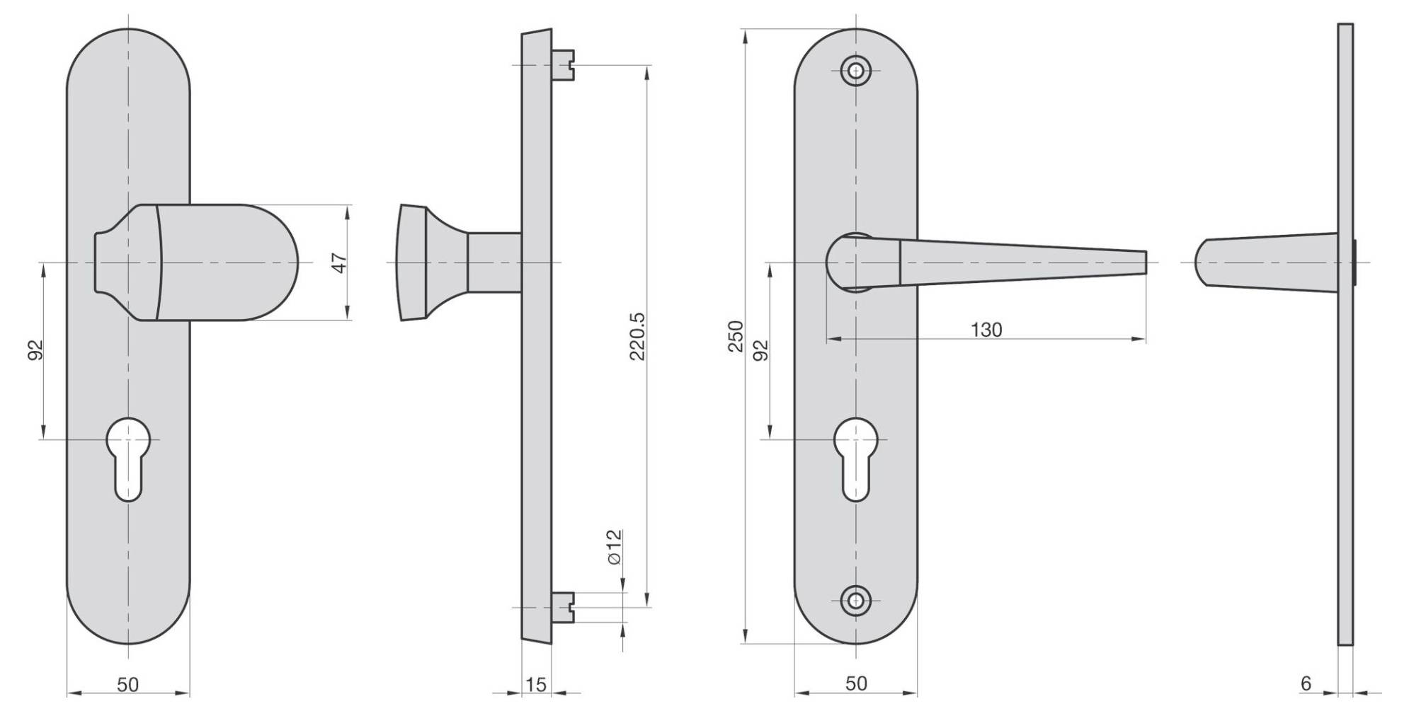 Technische Zeichnung eines Türgriffsets mit Seiten- und Draufsicht, die Abmessungen wie Länge, Breite und Abstand zum Schlüsselloch zeigt.