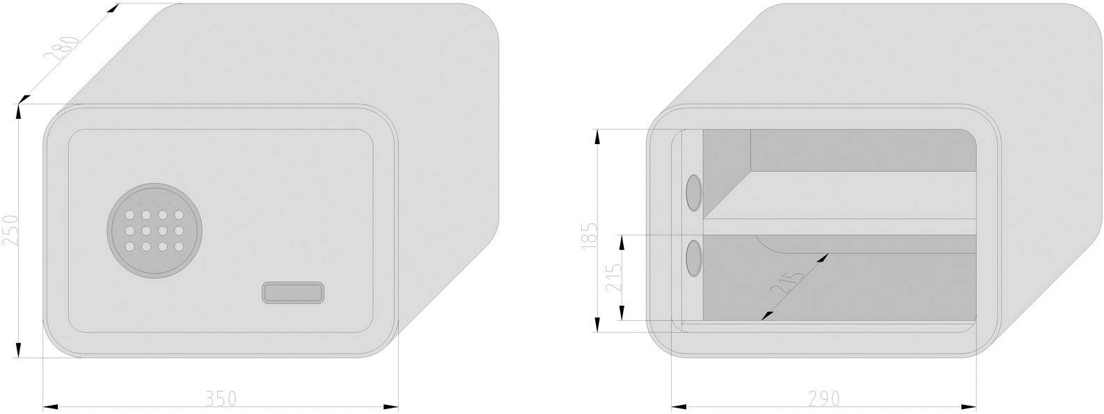 Zeichnung eines Safe-Designs mit Vorder- und Seitenansicht. Maße sind angegeben: Vorderansicht (250x250 mm), Seitenansicht (250x290 mm).