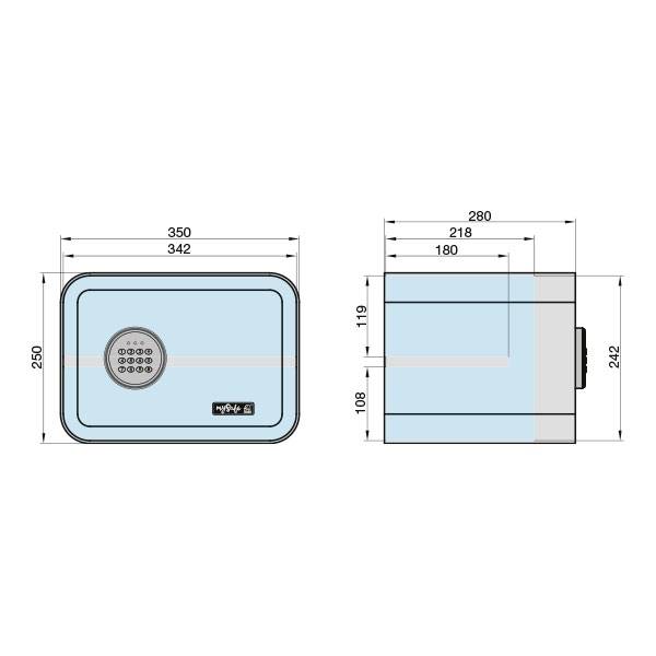 Abmessungen eines Tresors: Vorderansicht 350 mm x 250 mm, Seitenansicht 280 mm. Zeigt Entlüftungsgitter und Schließmechanismus.